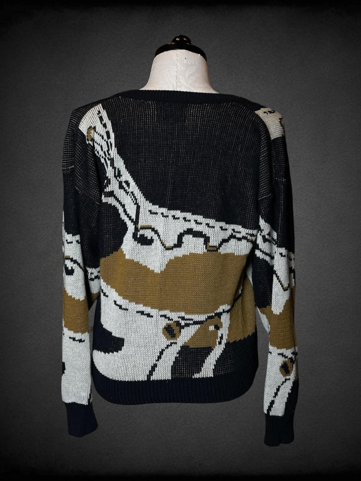 1X Henri Valdise vintage black button-up cardigan with brown & white abstract pattern