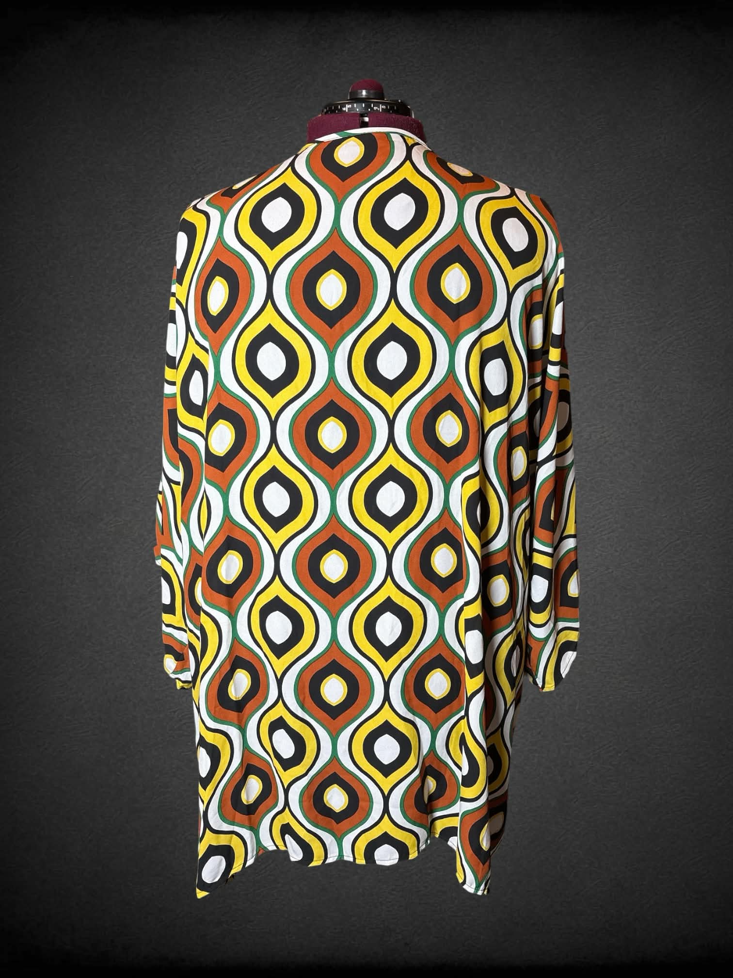 6X Ashley Stewart white flowy cardigan with brown, yellow & green ornamental pattern