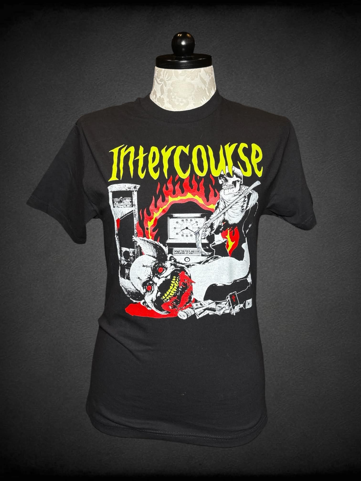 0X American Apparel black t shirt with “Intercourse” band graphic on front
