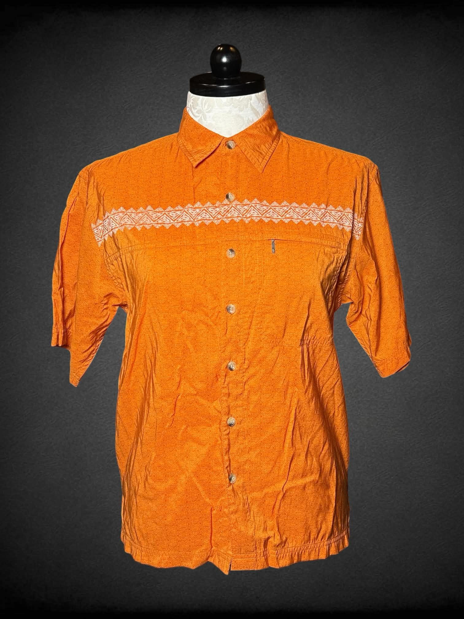 0X The North Face orange button-up shirt with white tribal pattern, and zipper pocket on front