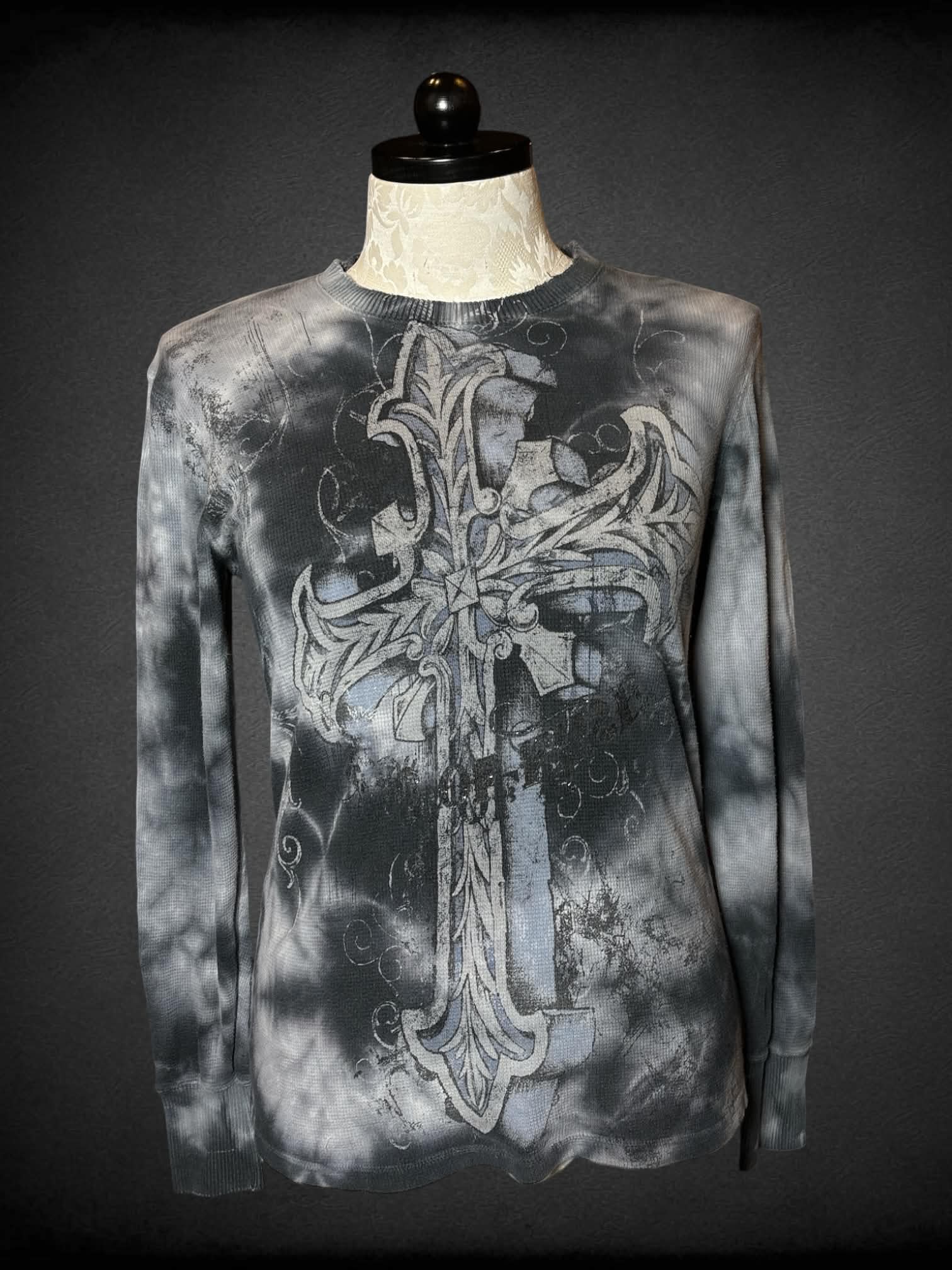 1X Ring of Fire grey marble tie-dye waffle knit longsleeve shirt with cross graphic on front