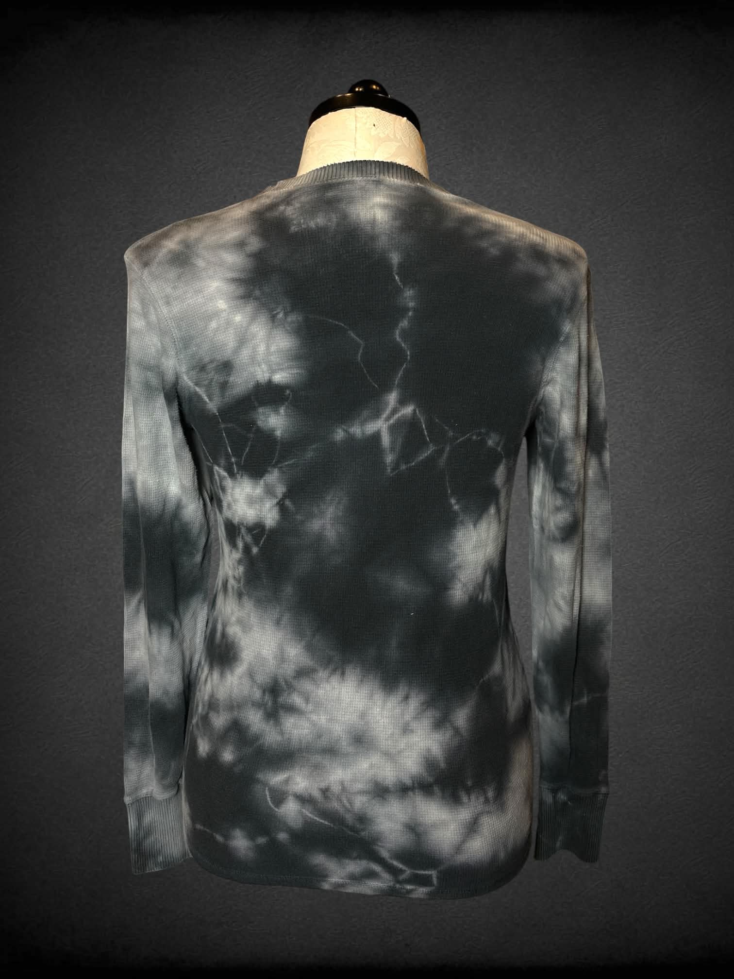 1X Ring of Fire grey marble tie-dye waffle knit longsleeve shirt with cross graphic on front