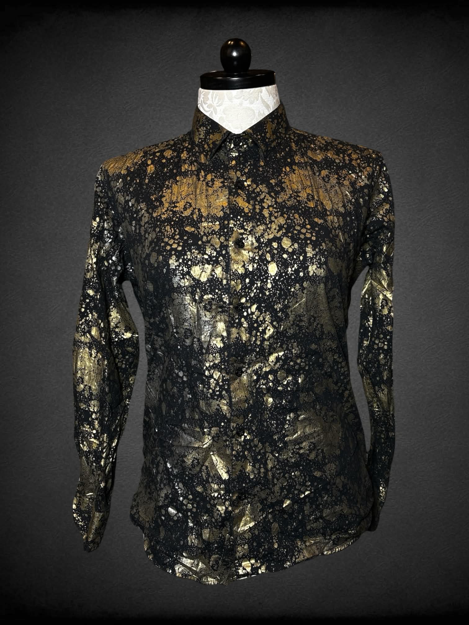 1X Barabas black button-up shirt with gold & silver speckled pattern