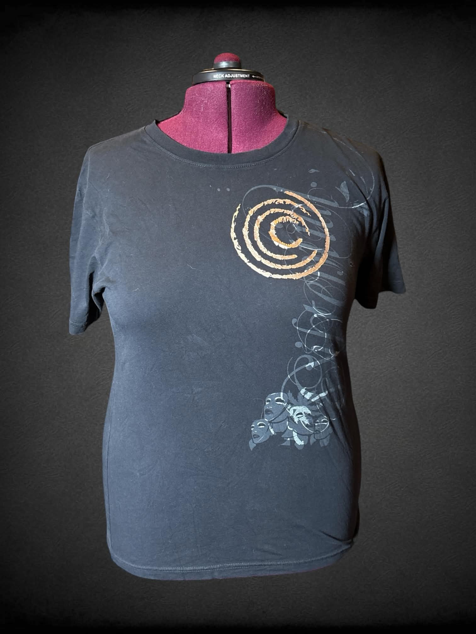 2X Existential black t shirt with cursive “Existential” writing on front & back, and abstract graphic