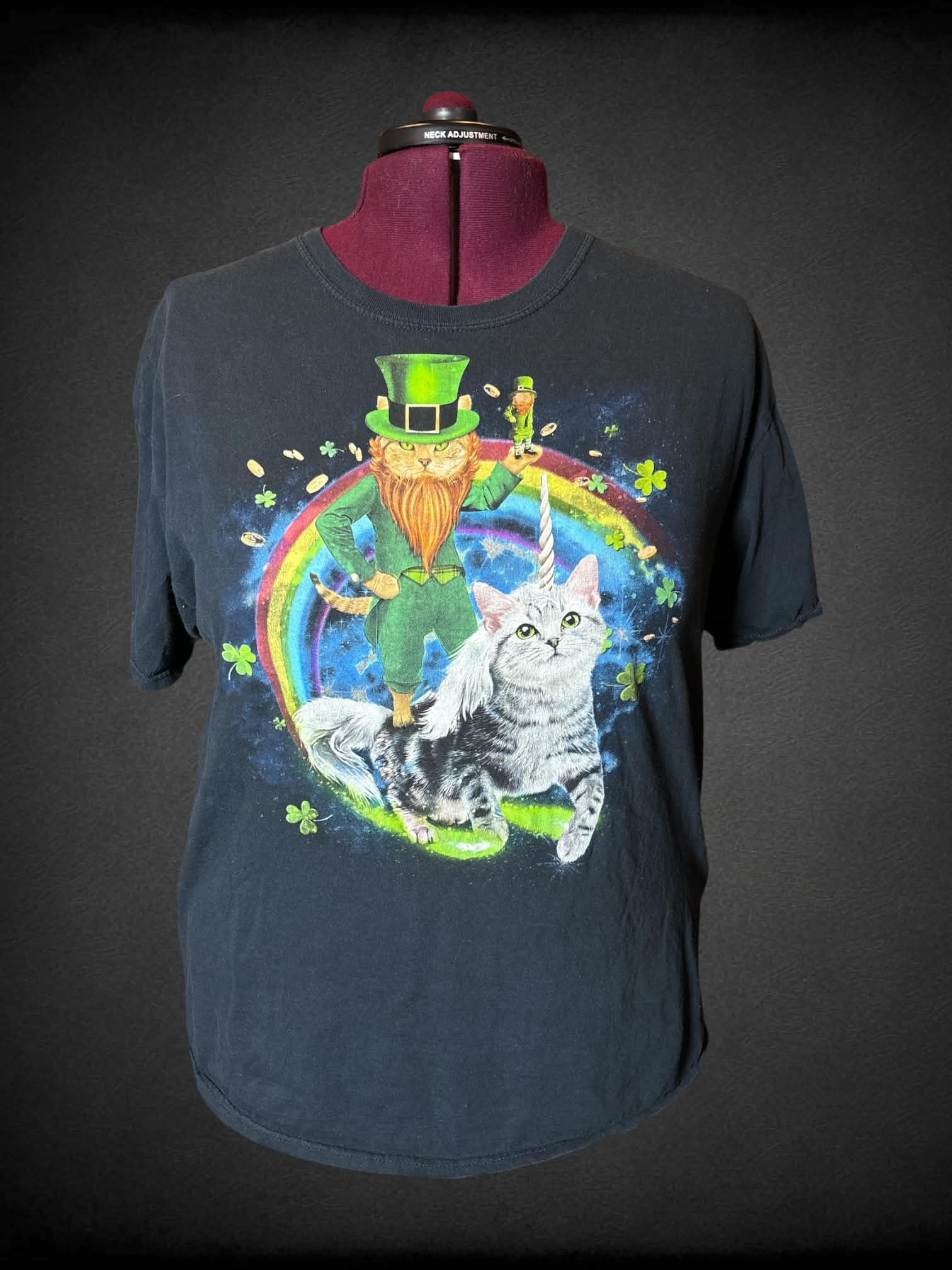 2X Fruit of The Loom black t shirt with cat unicorn and leprechaun graphic on front