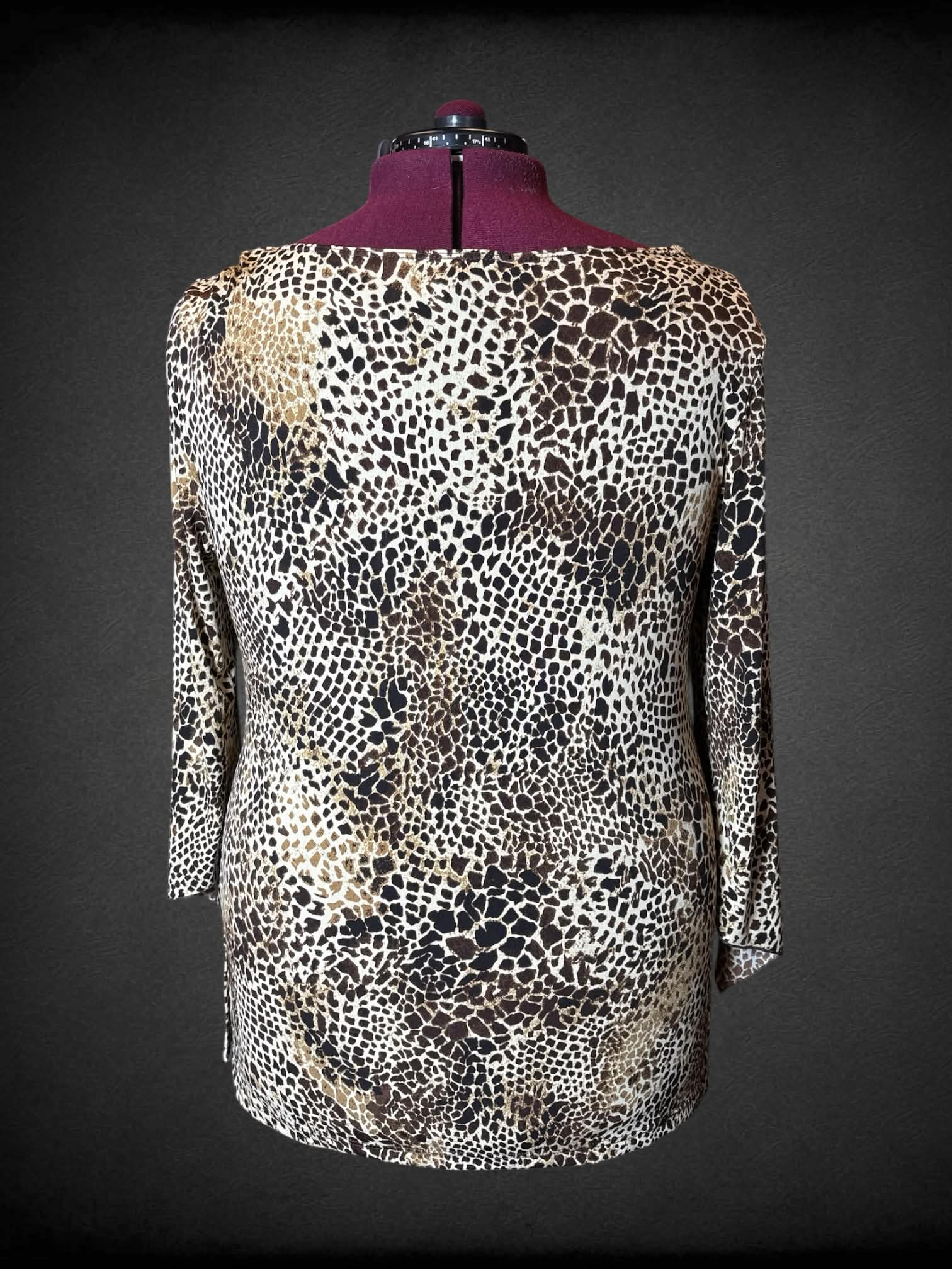 2X Studio 1940 tan blouse with bell sleeves and giraffe-like pattern