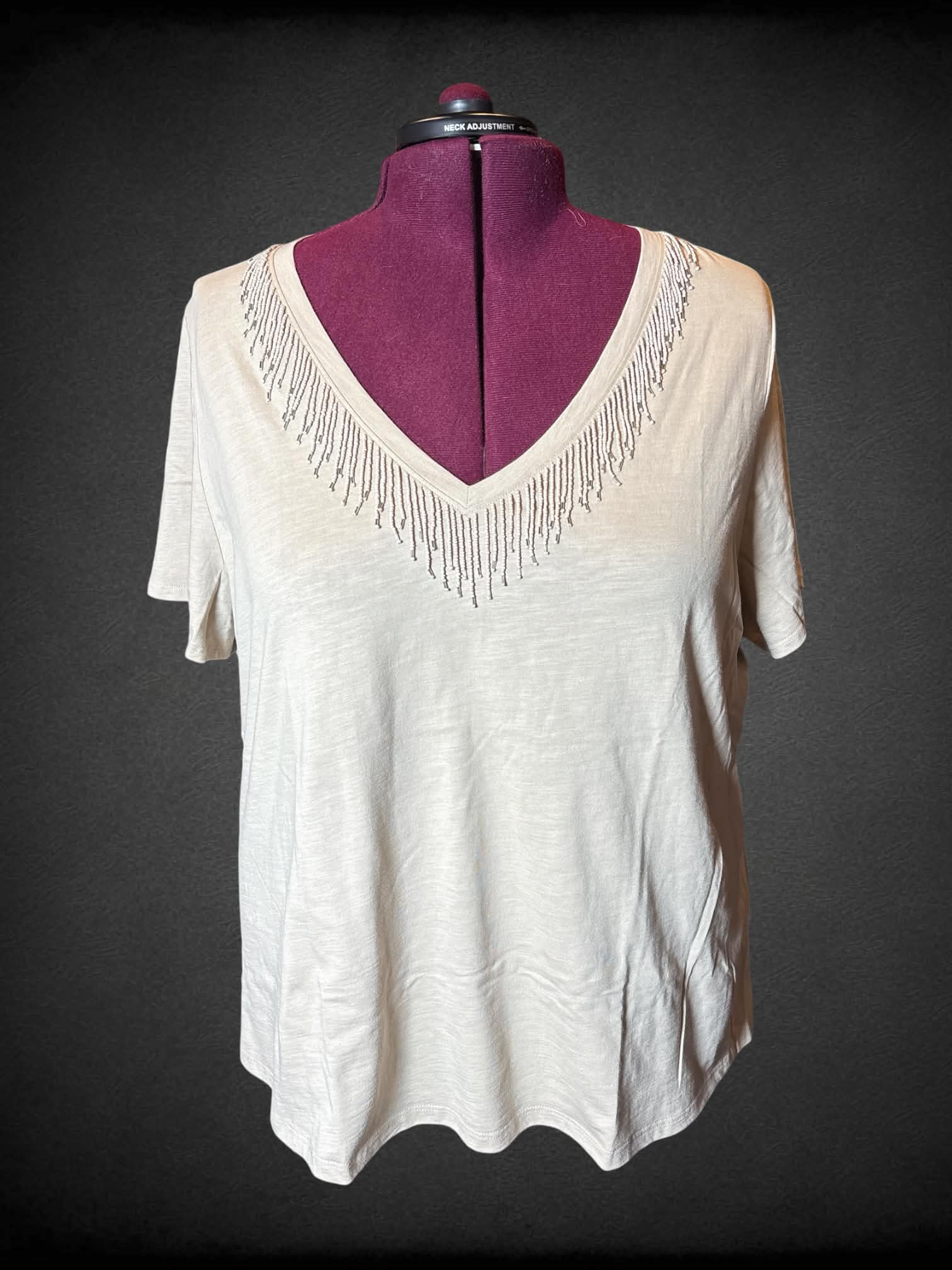 3X International Concepts NWT beige v neck shirt with beefed tassels on neckline