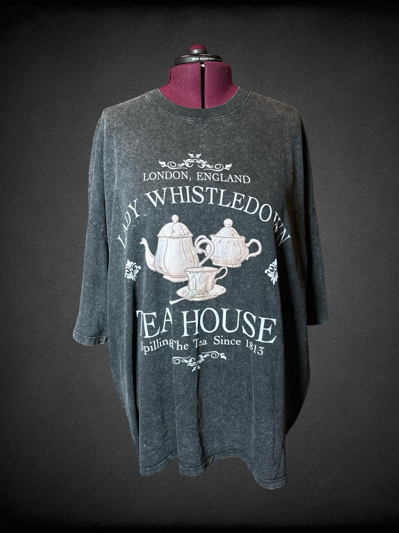 5X mineral washed grey t shirt with “Lady Whistledown Tea House” writing on front and teapot graphic from the TV show “Bridgerton”