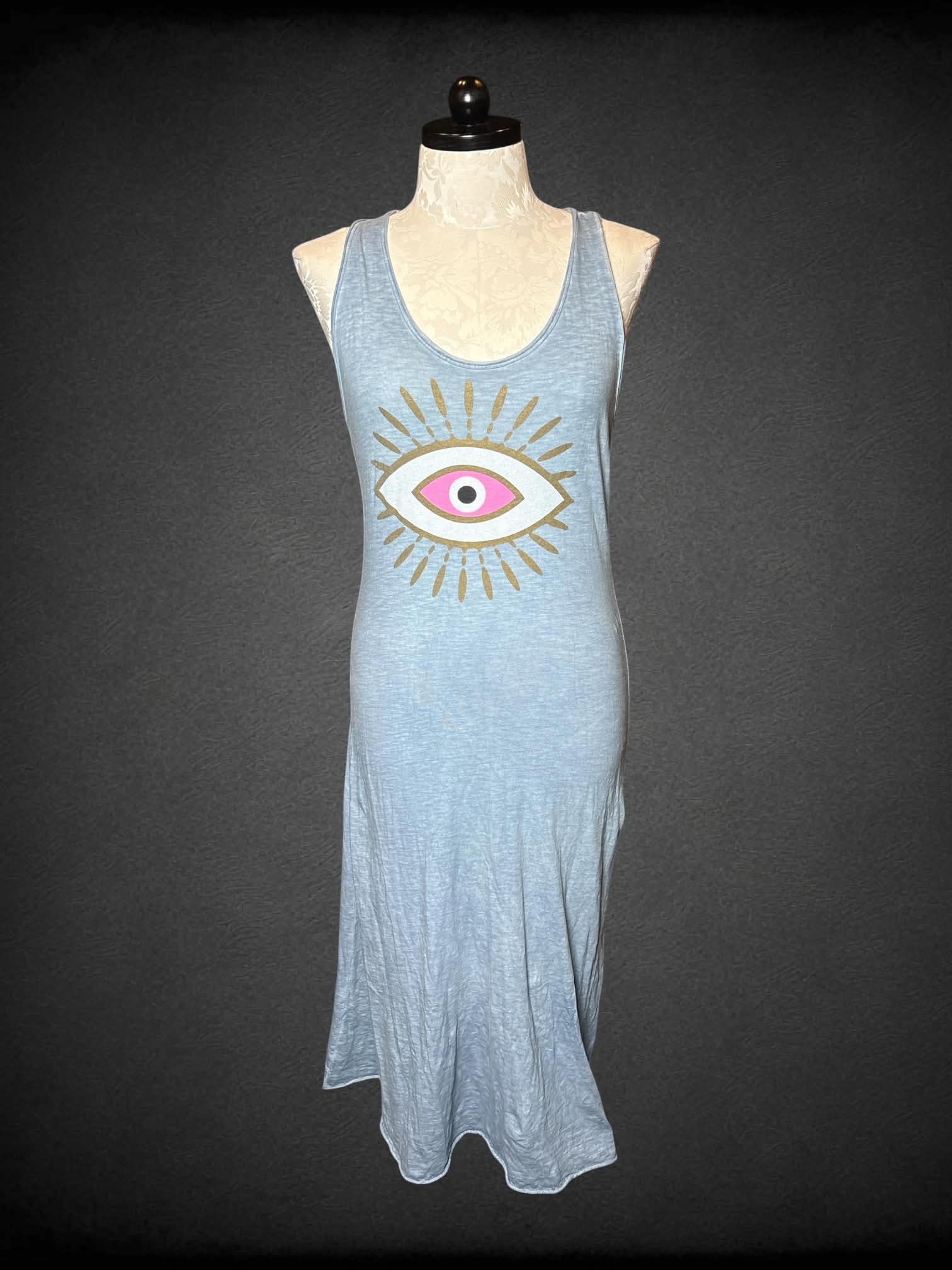 0X April Vintage light blue maxi dress with eye graphic on front