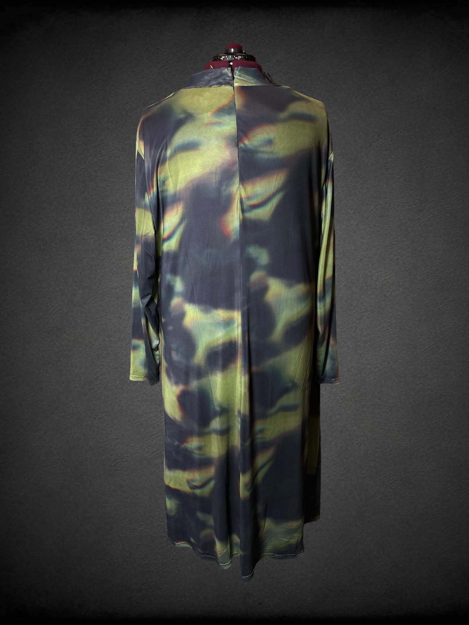6X Ashley Stewart green long-sleeve dress with mesh outer layer, cinched design on sides, and zipper on back
