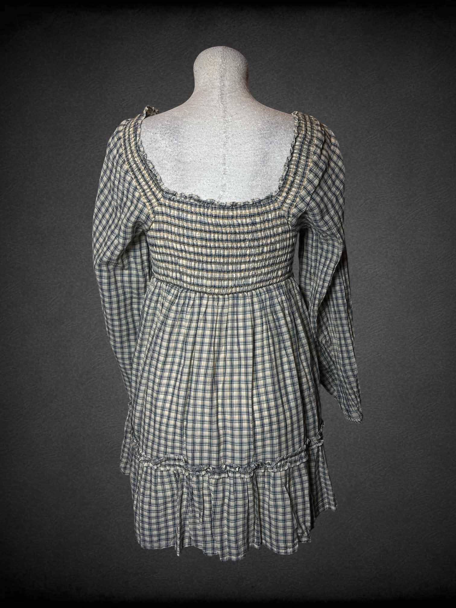 L American Eagle NWT white long-sleeve short dress with blue & green plaid design, and shirred top