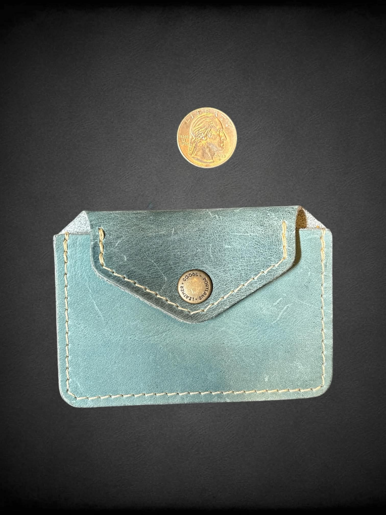 Blue leather wallet with button pocket