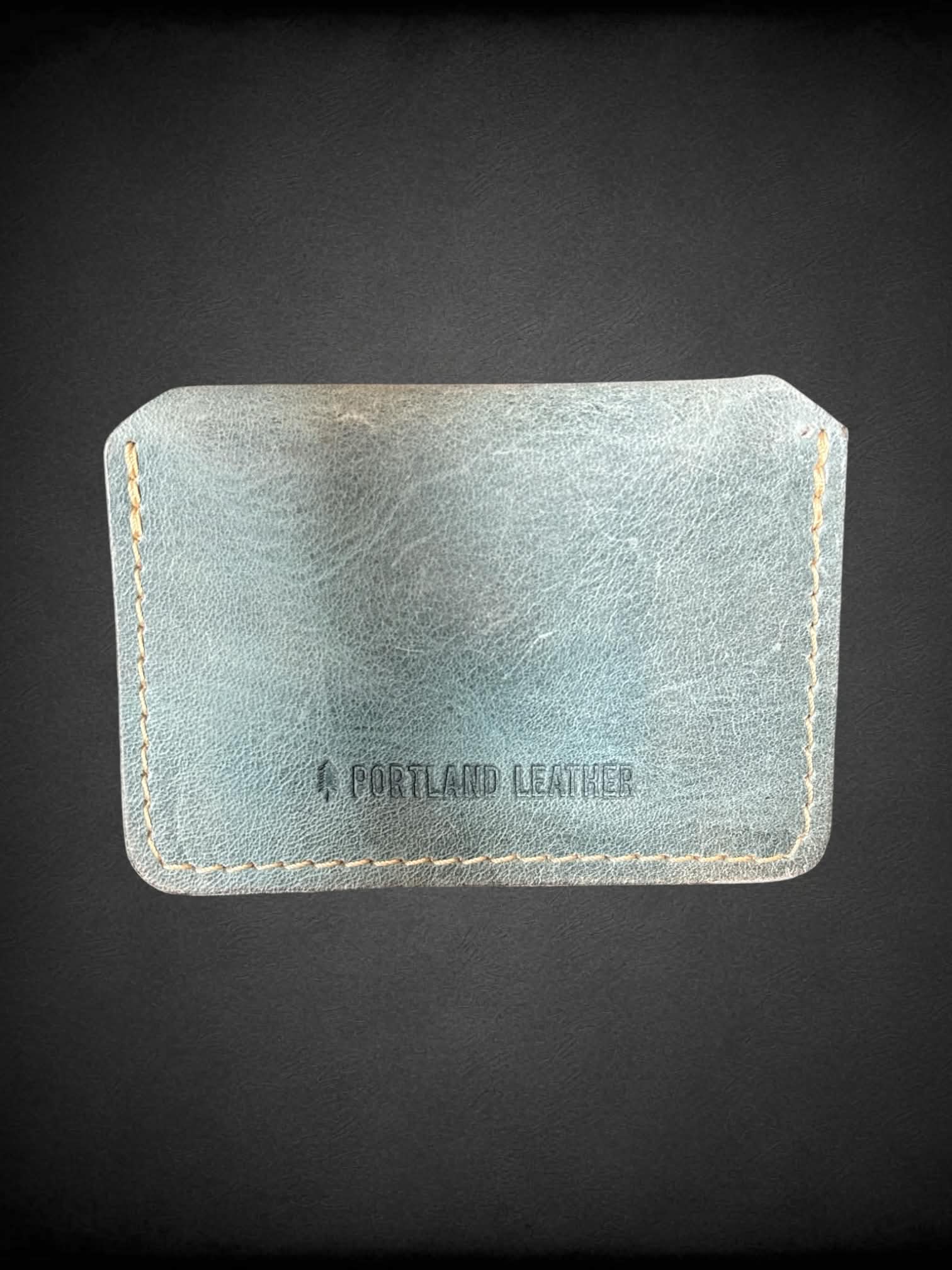 Blue leather wallet with button pocket
