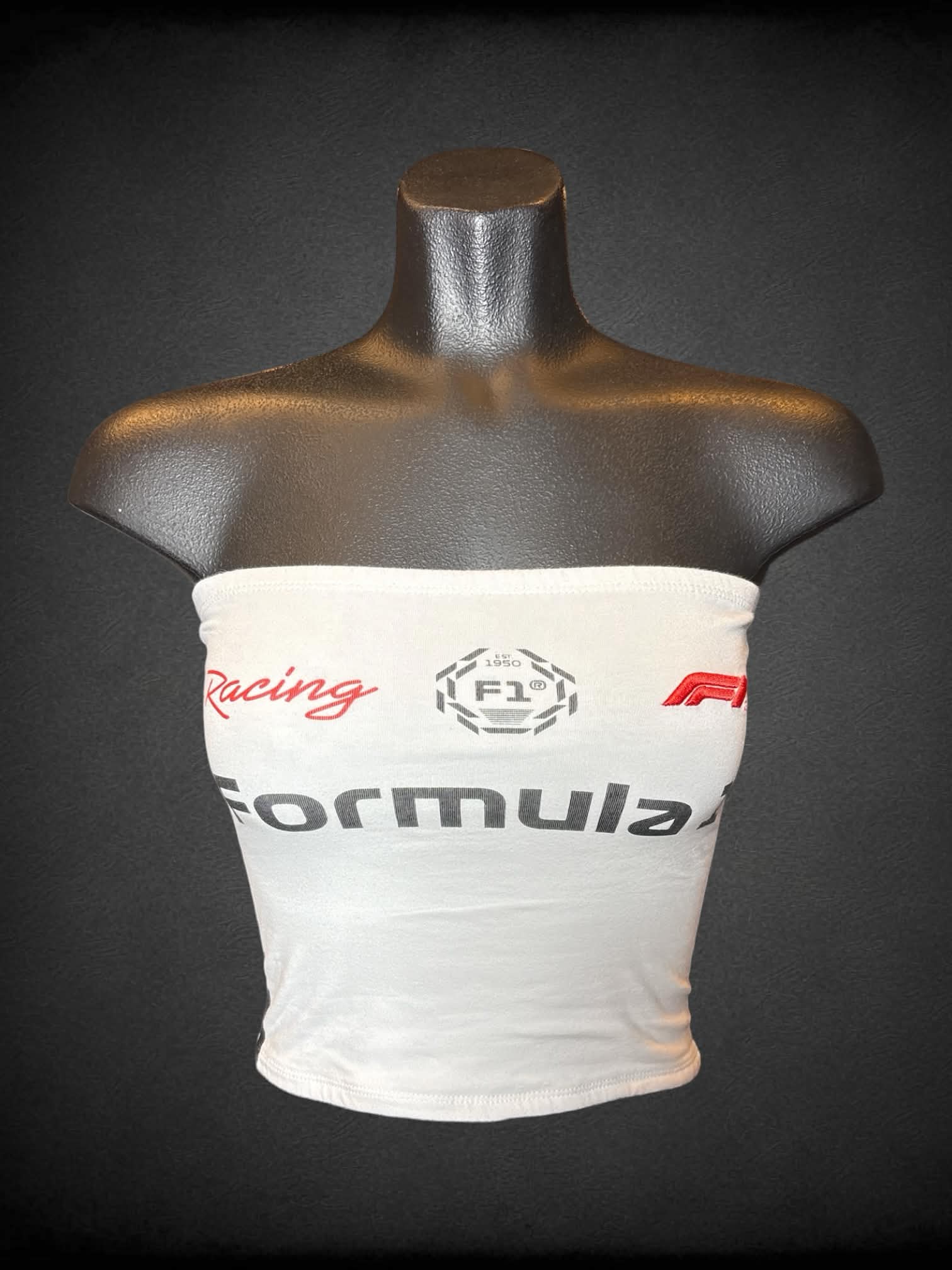 XXS Hybrid Apparel white racing tube top with “Racing Formula 1” graphic on front