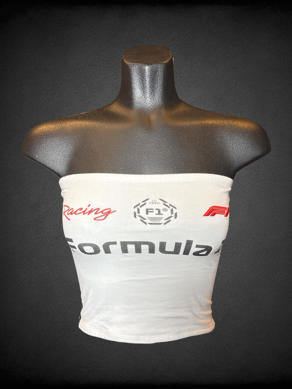 XXS Hybrid Apparel white racing tube top with “Racing Formula 1” graphic on front