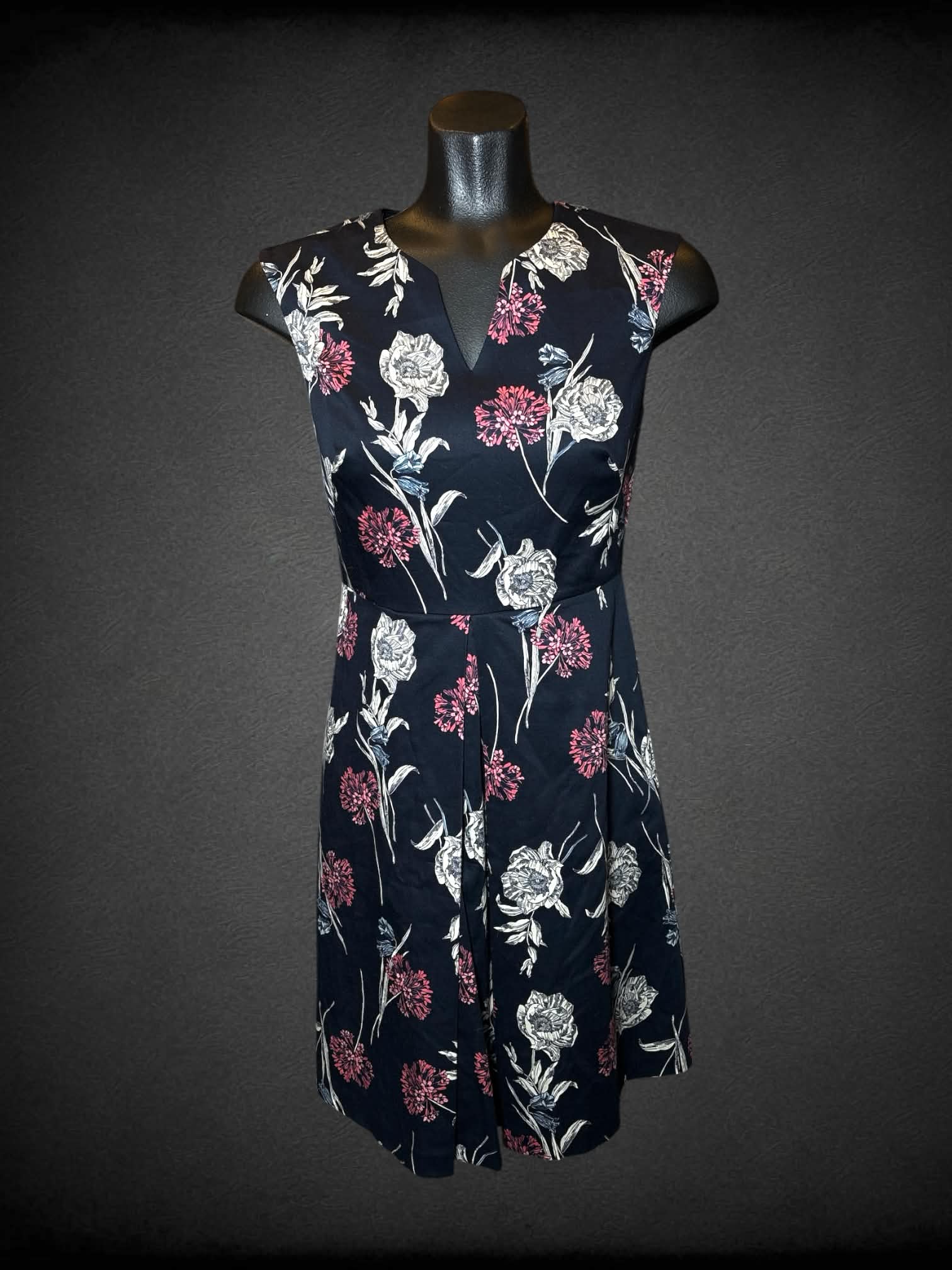 XS Ann Taylor navy short dress with pink & white flower pattern, and zipper on back