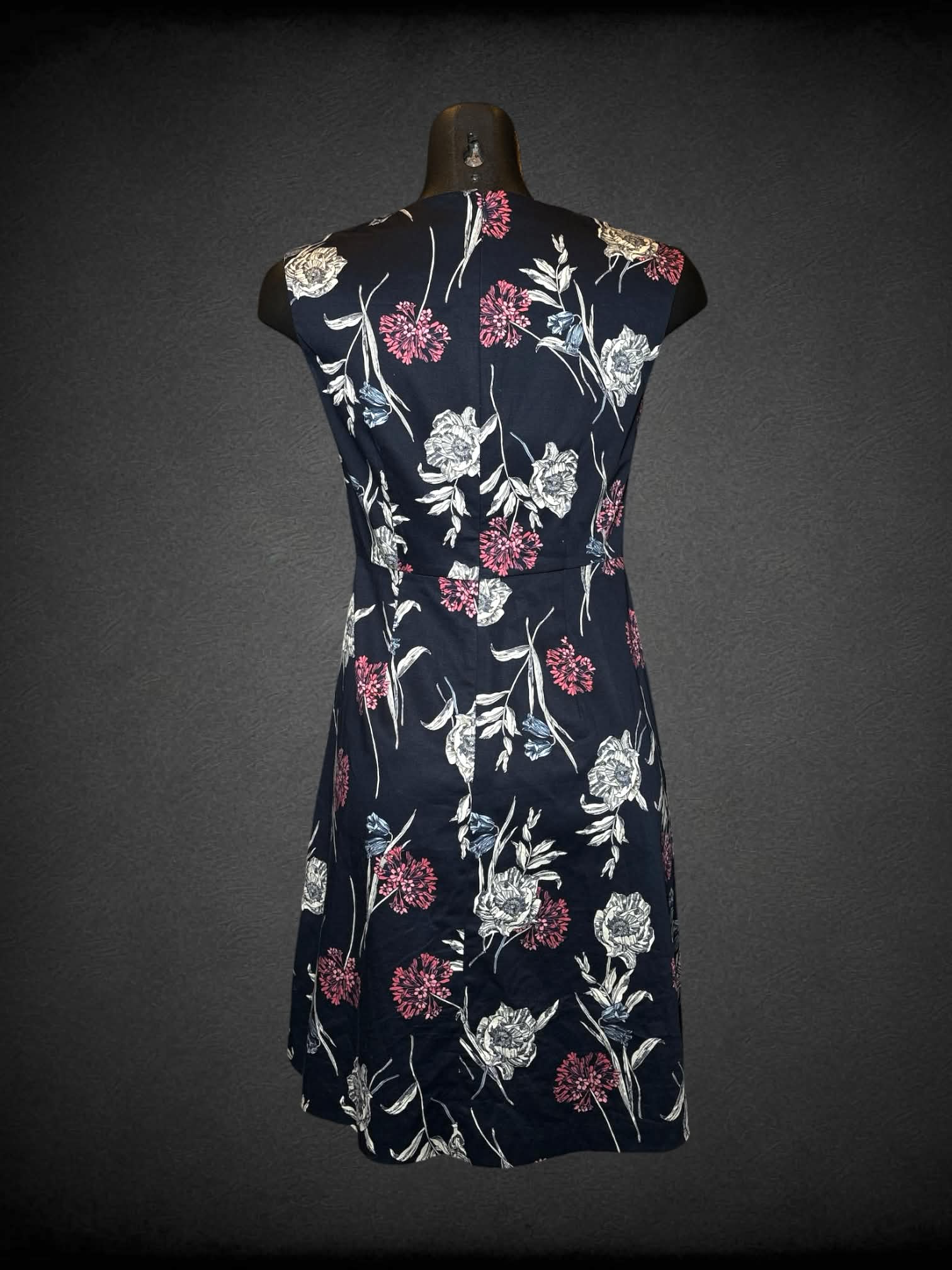 XS Ann Taylor navy short dress with pink & white flower pattern, and zipper on back