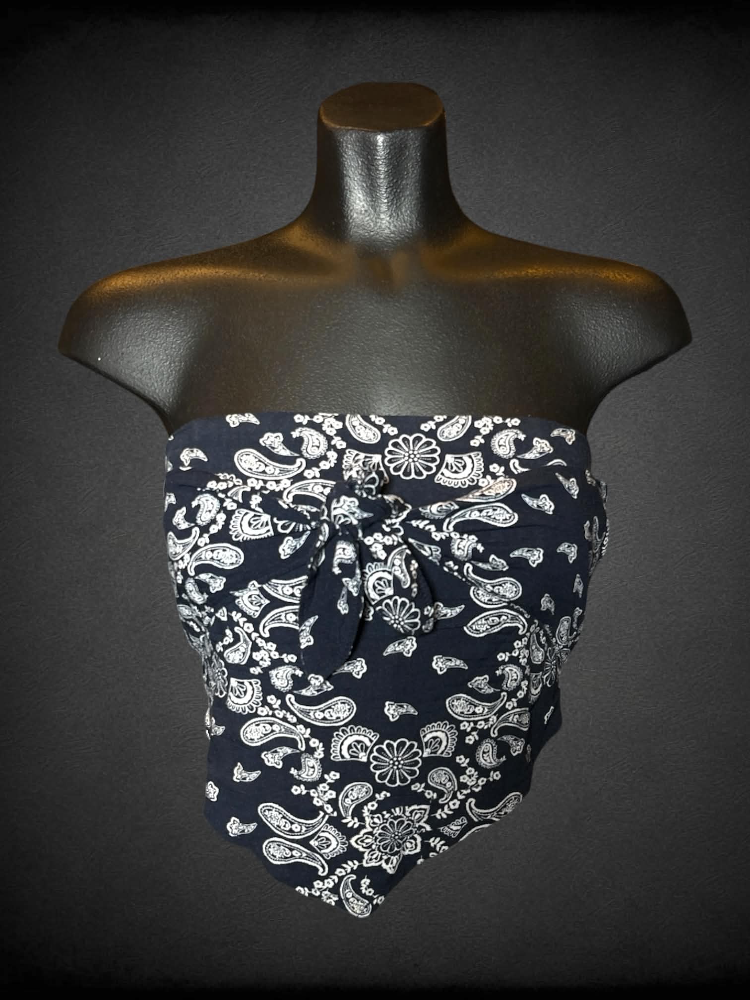 S Hollister navy blue bandana tube top with tie on front, and shirred back