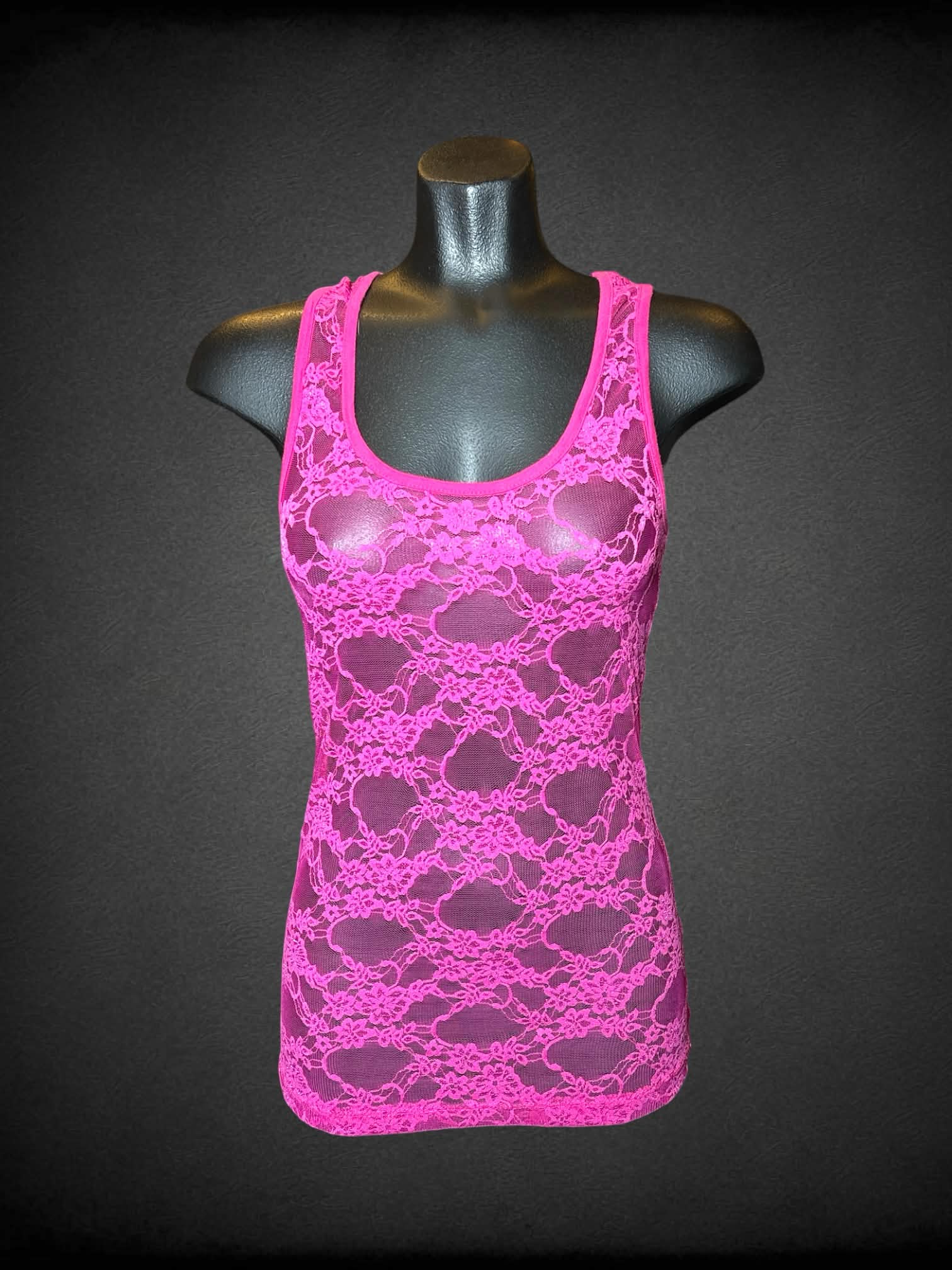 S Hot pink sheer lace tank top with floral pattern