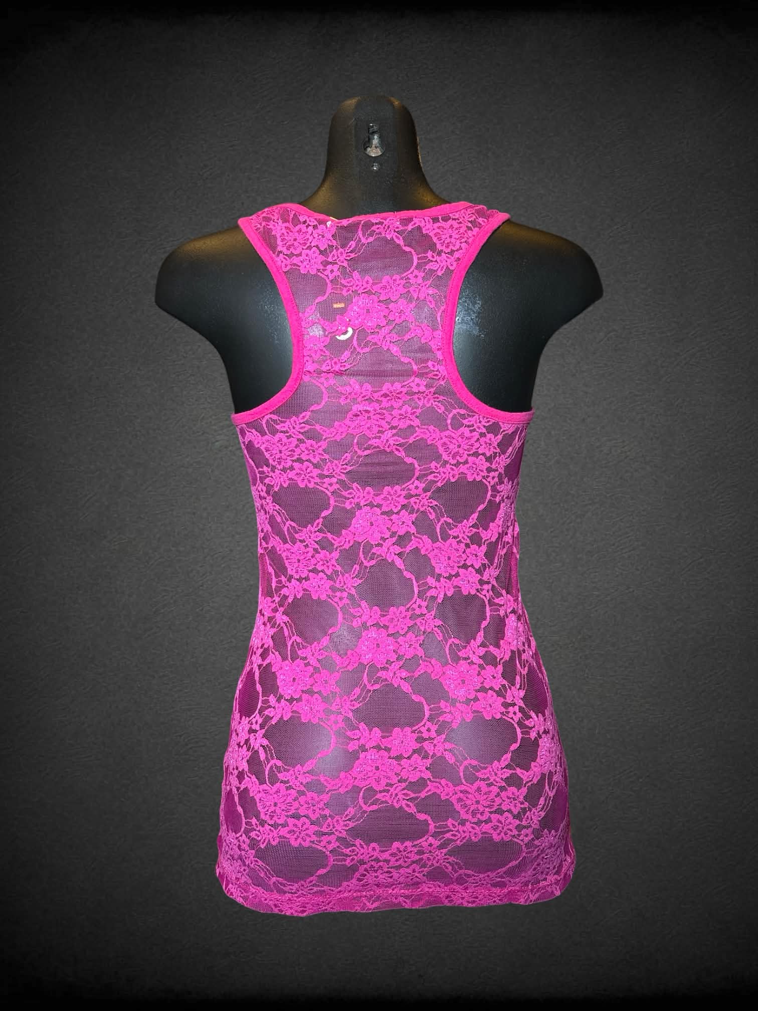 S Hot pink sheer lace tank top with floral pattern