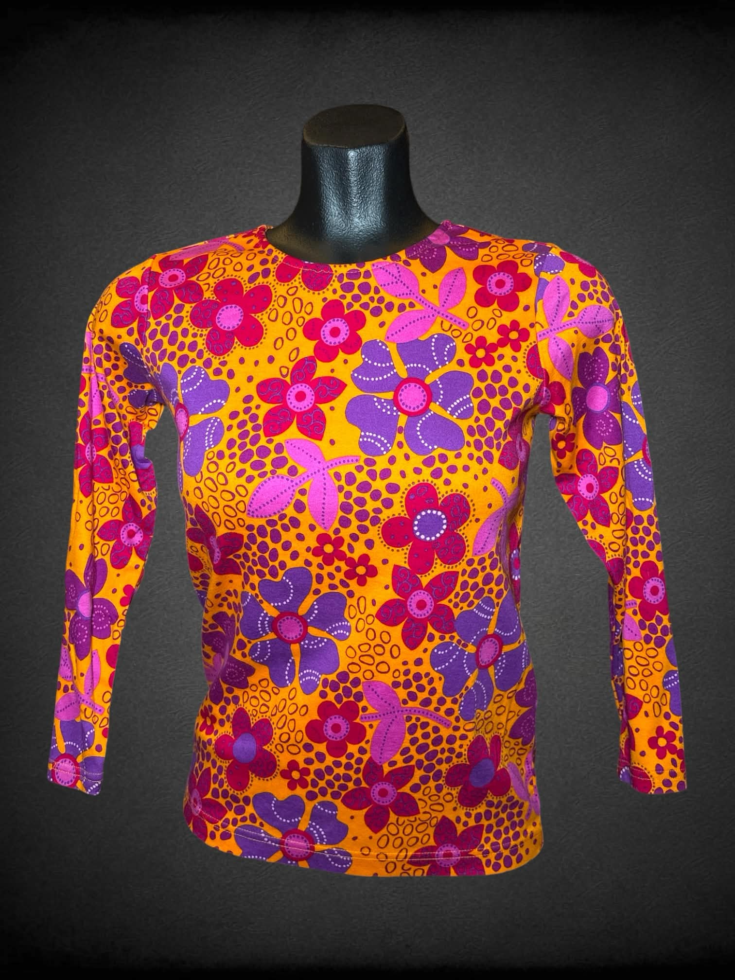 S Hanna Anderson orange three-quarter sleeve shirt with pink and purple flower pattern