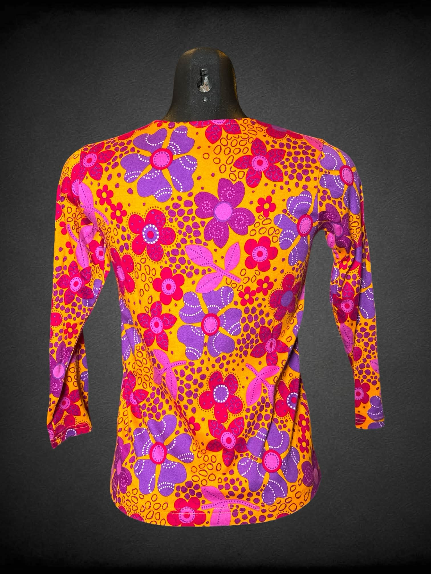 S Hanna Anderson orange three-quarter sleeve shirt with pink and purple flower pattern