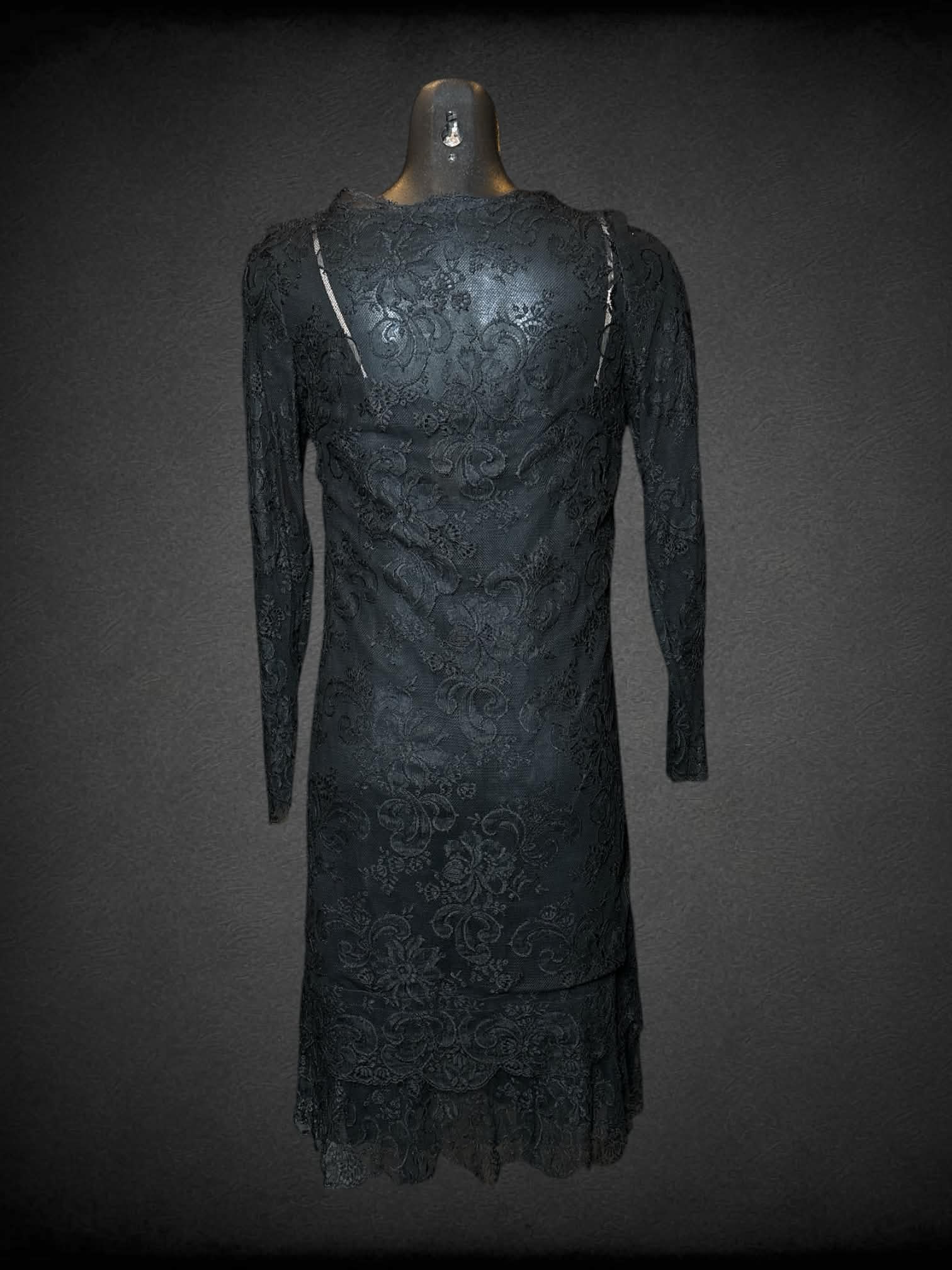 S Saks Fifth Avenue vintage black two-piece dress with lace outer layer, and zipper on both dresses