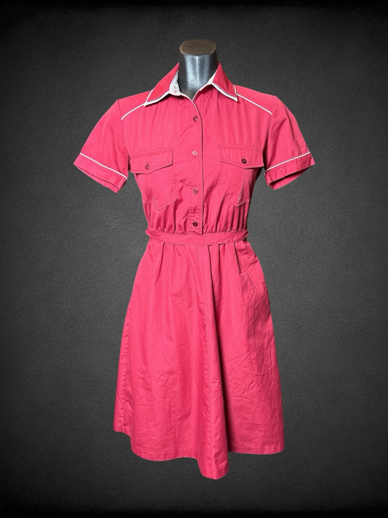 S Red button-up short dress with pockets, and tie around waist
