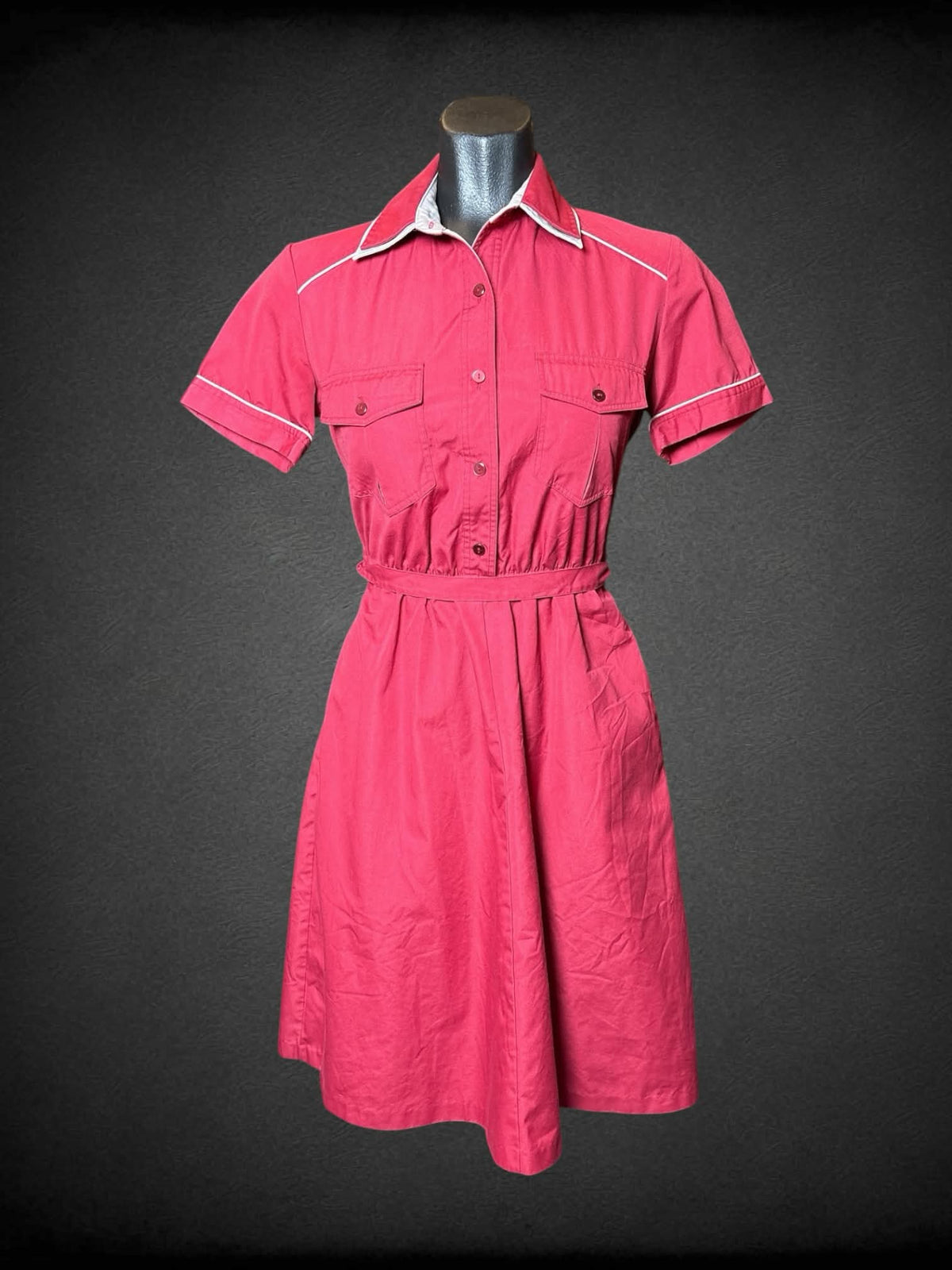 S Red button-up short dress with pockets, and tie around waist