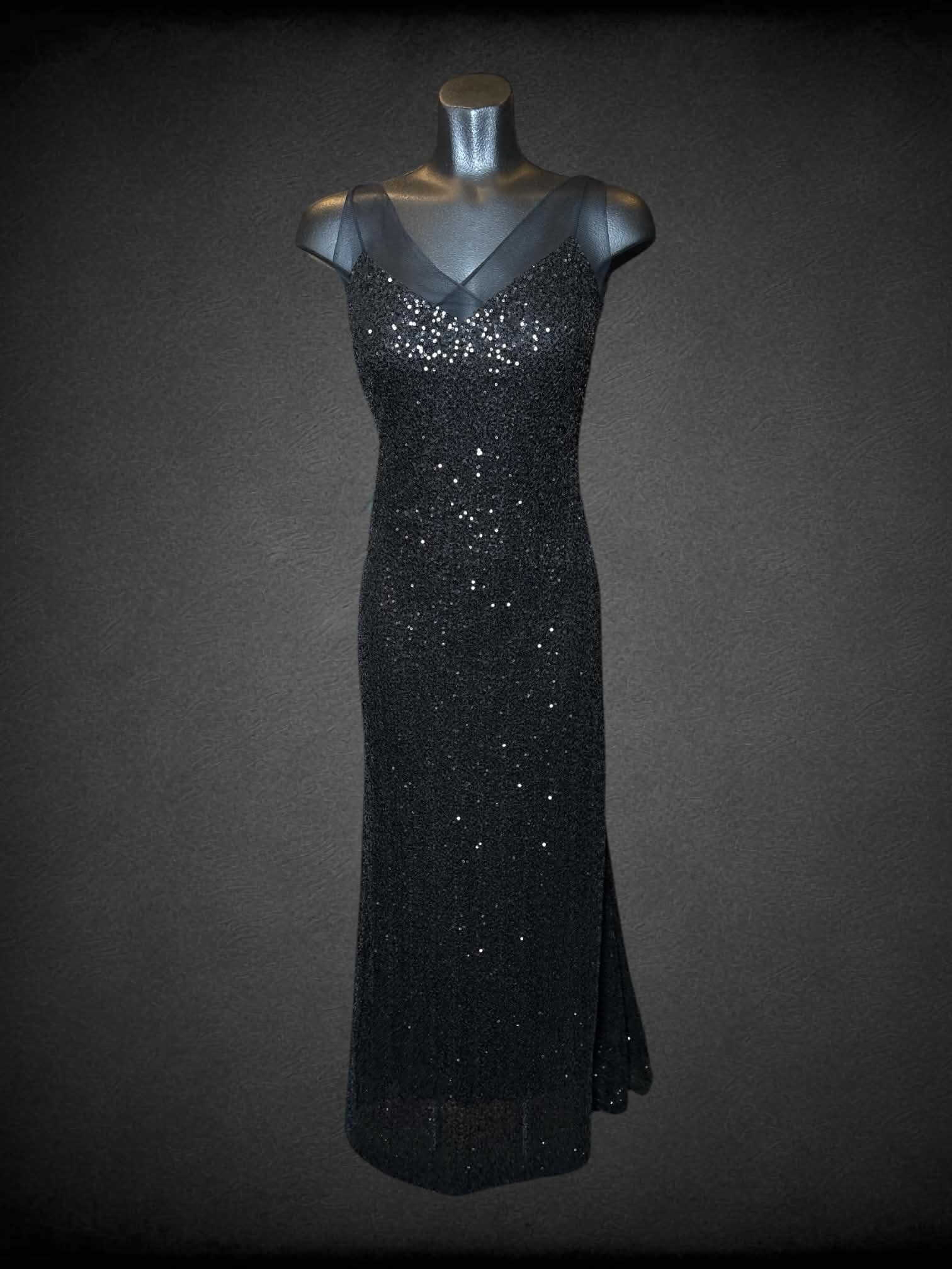 S Ralph Lauren black dress with sequins, mesh straps, and zipper on side