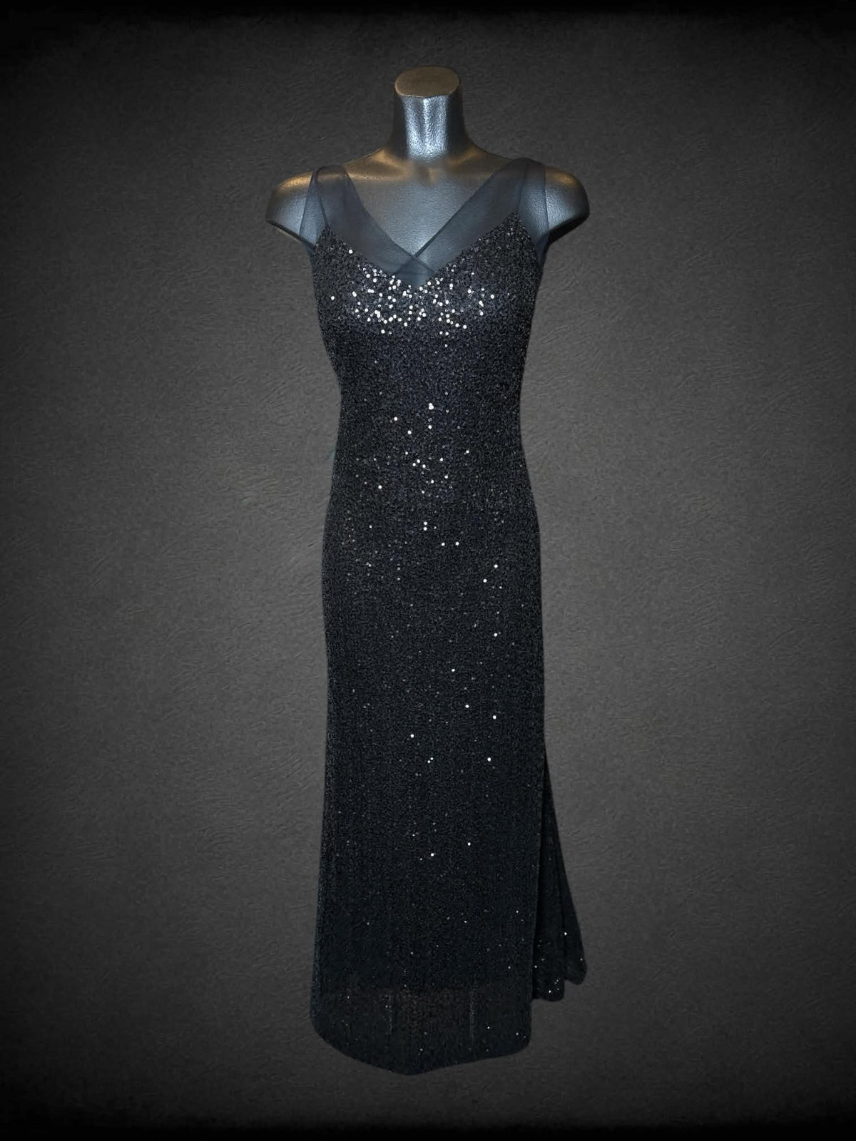 S Ralph Lauren black dress with sequins, mesh straps, and zipper on side