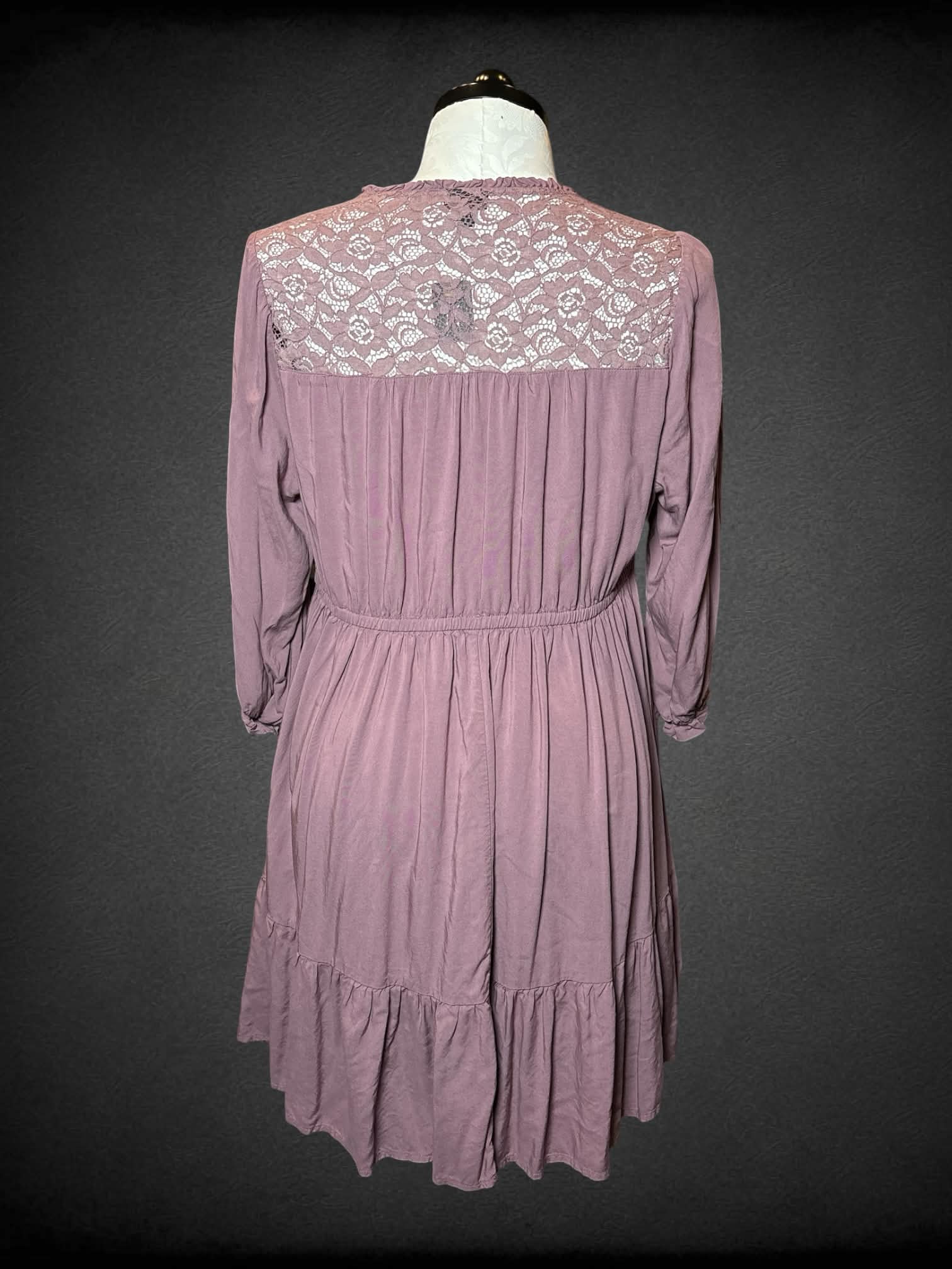 1X Torrid mauve dress with buttons on front, pockets, and floral lace embroidery on back