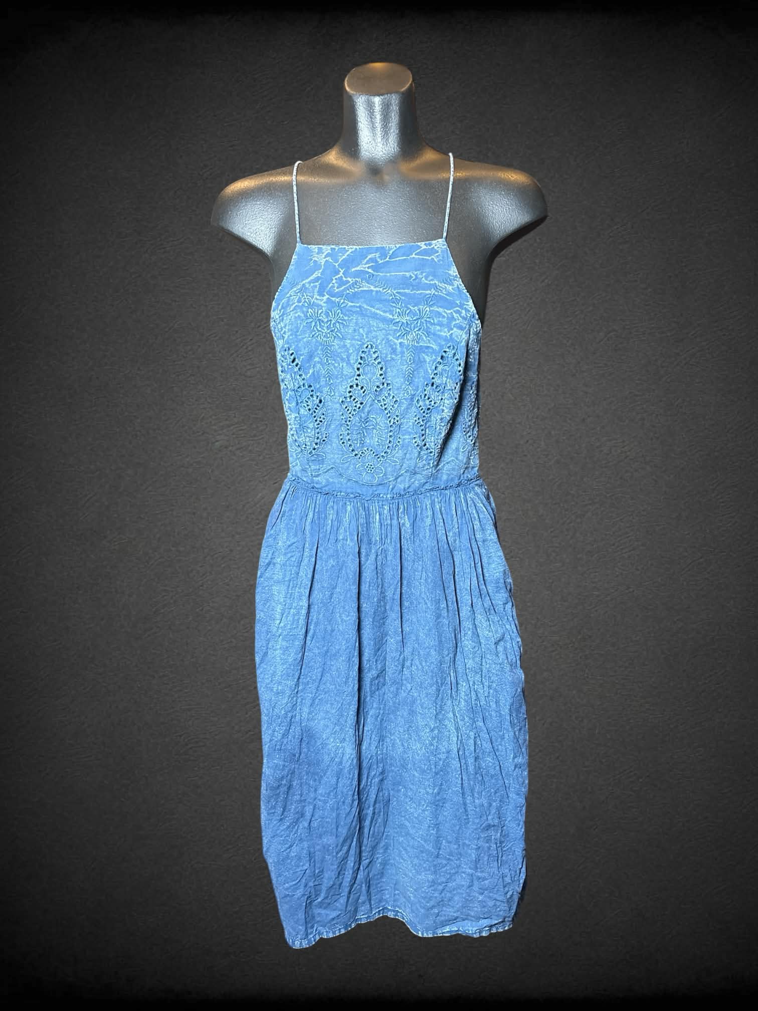 XS Lucky Brand blue acid wash dress with embroidery on front, zipper on back, and cross straps