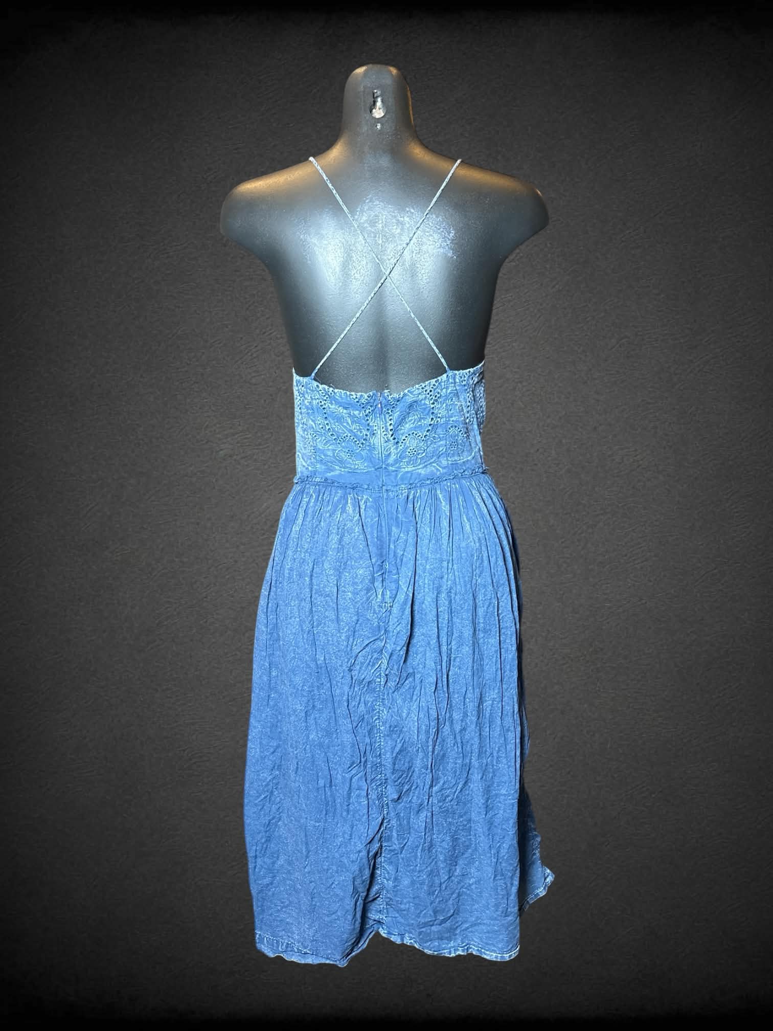 XS Lucky Brand blue acid wash dress with embroidery on front, zipper on back, and cross straps