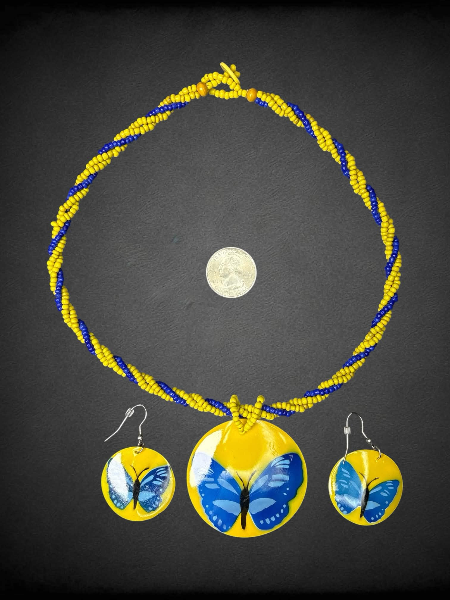 Two-piece blue & yellow jewelry set with butterfly earrings, and beaded butterfly necklace