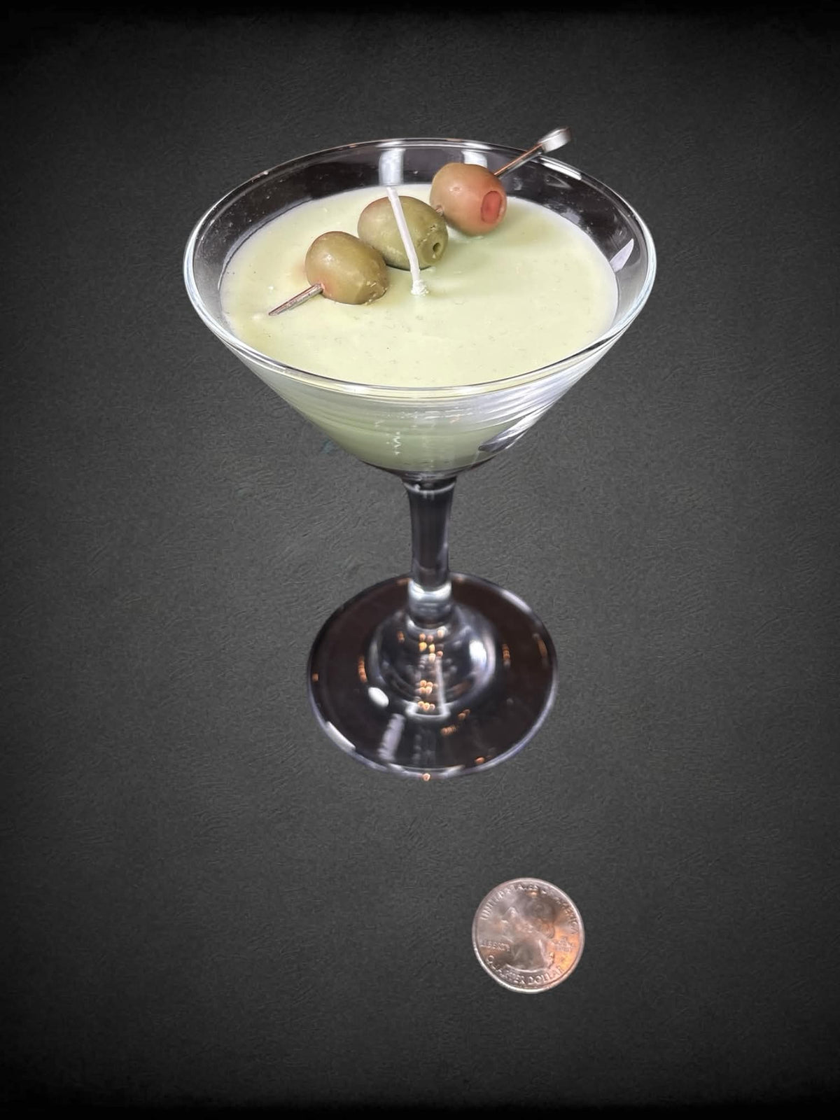 Lime-scented Martini candle in martini glass with wax olives
