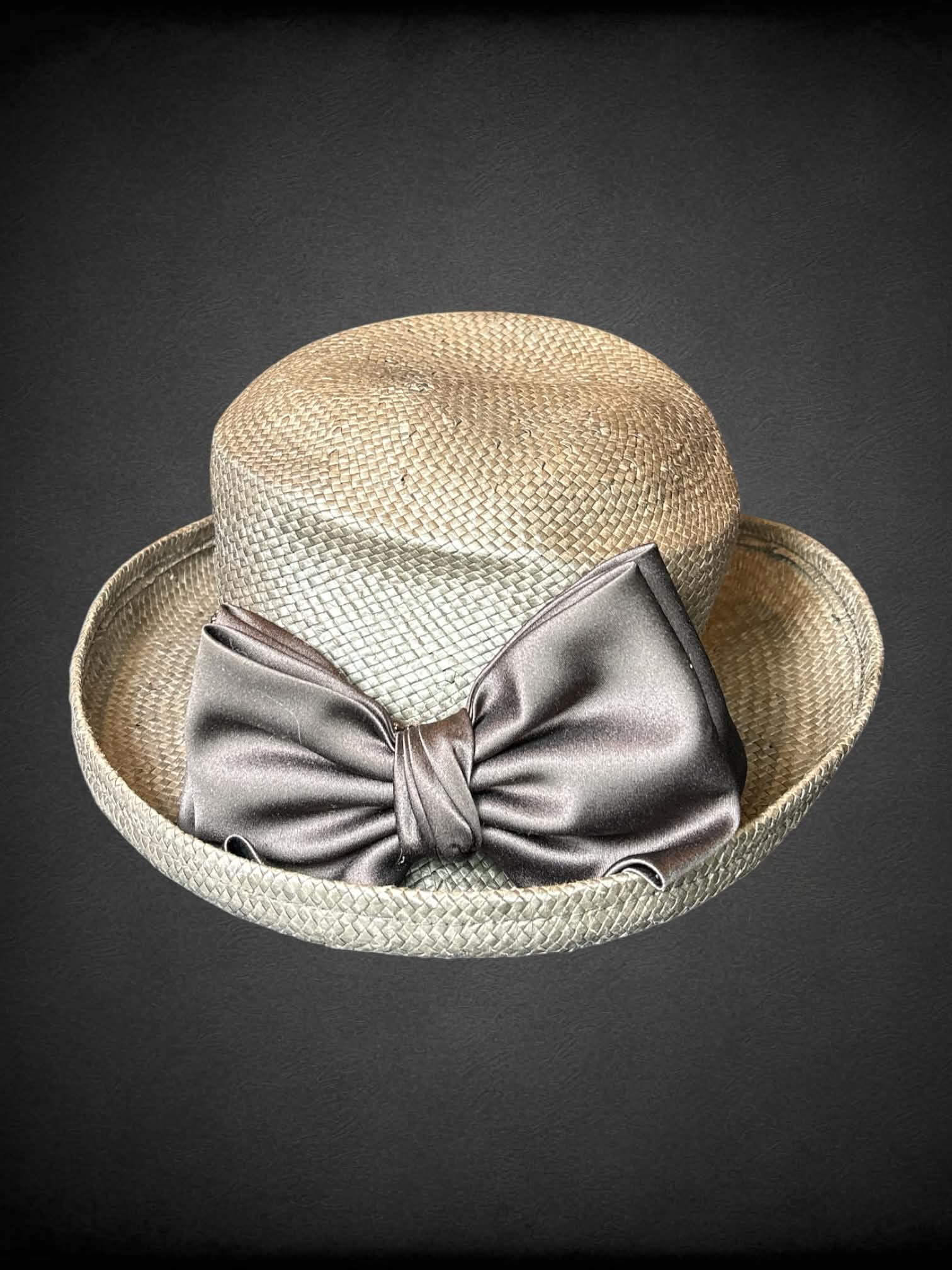 Kathy Jeanne vintage brown woven brimmed hat with beaded design and bow on front