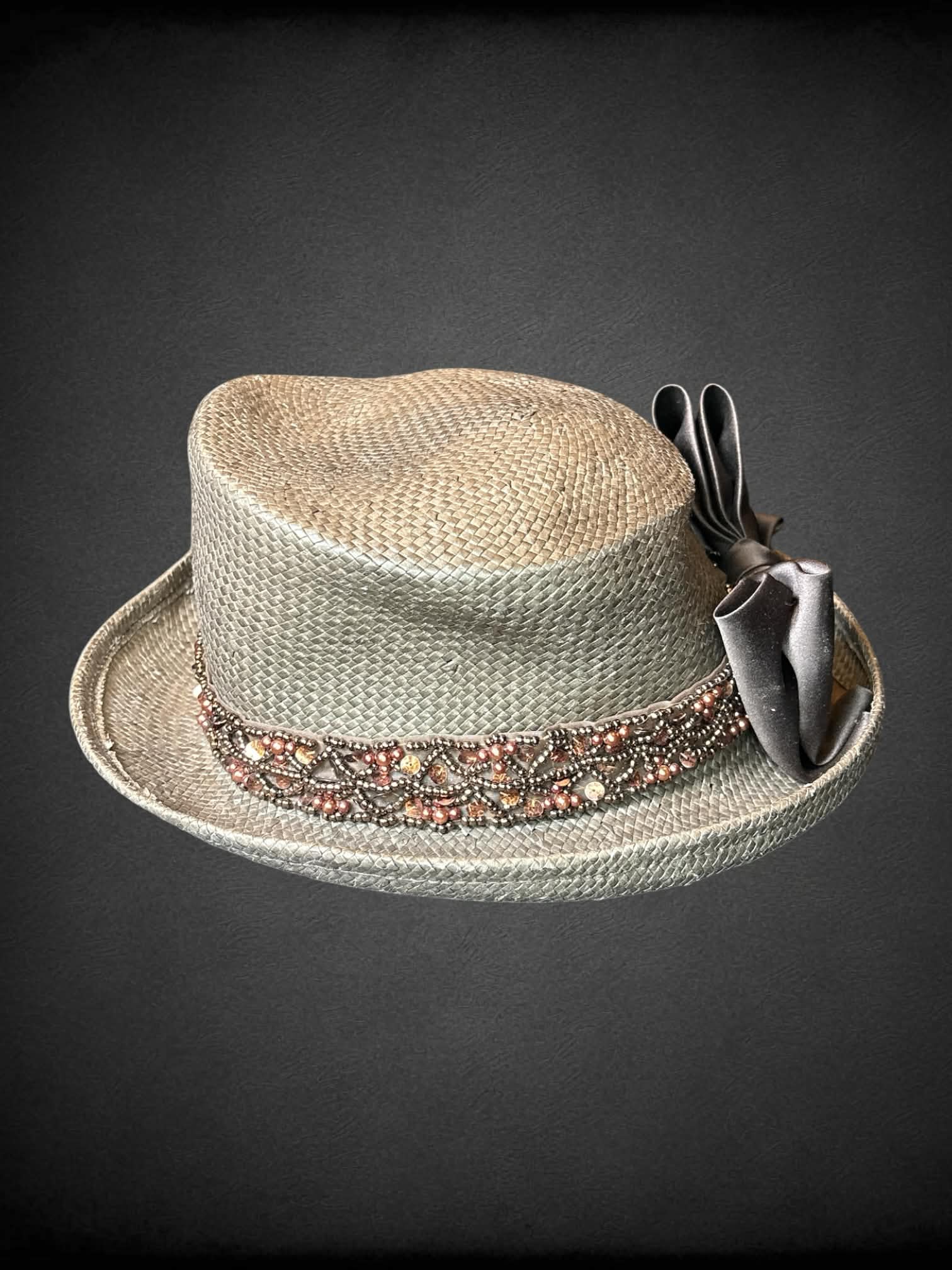 Kathy Jeanne vintage brown woven brimmed hat with beaded design and bow on front