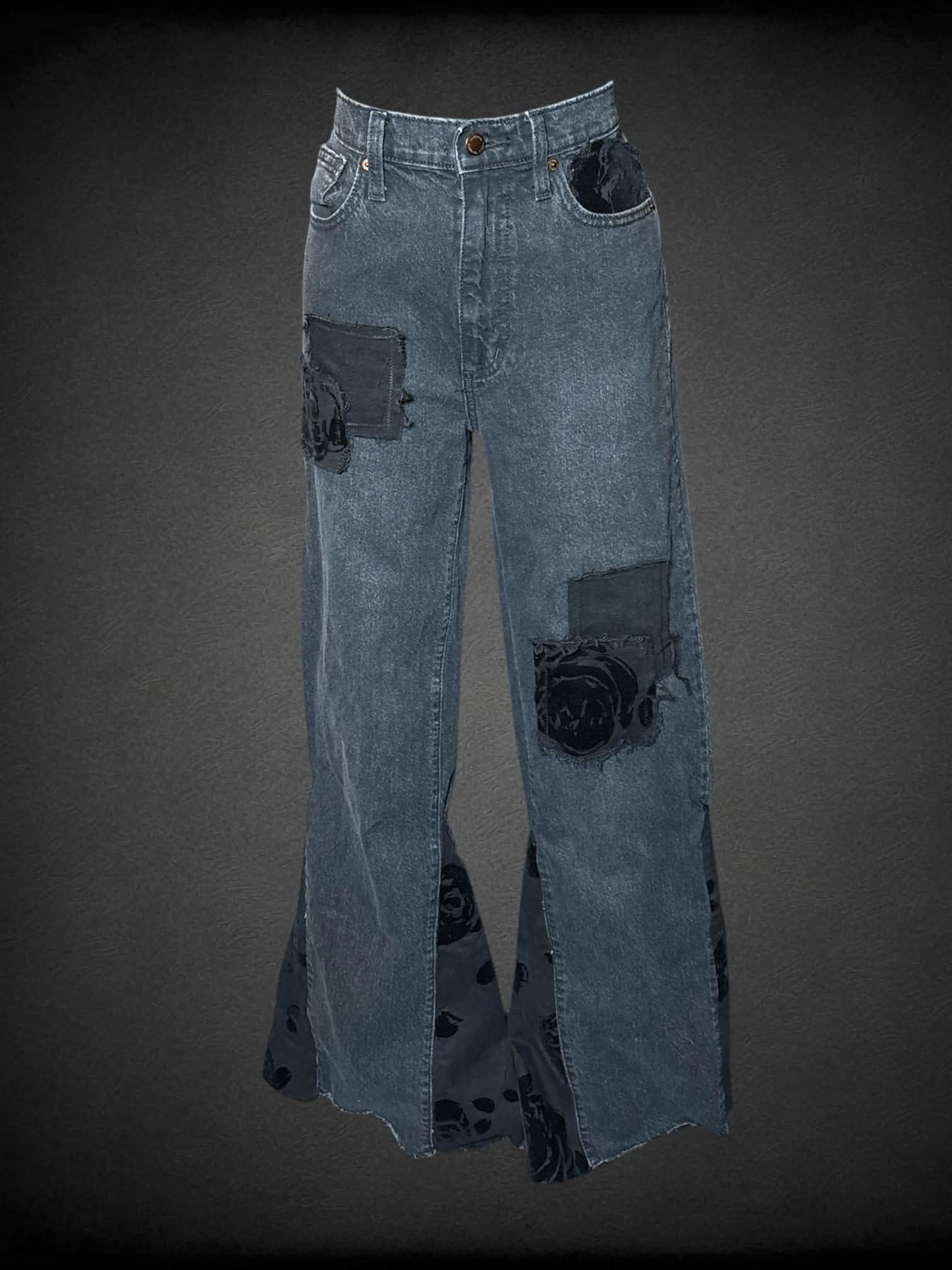 M Universal Thread black high-waisted flare jeans with “velvet-like” rose patch design