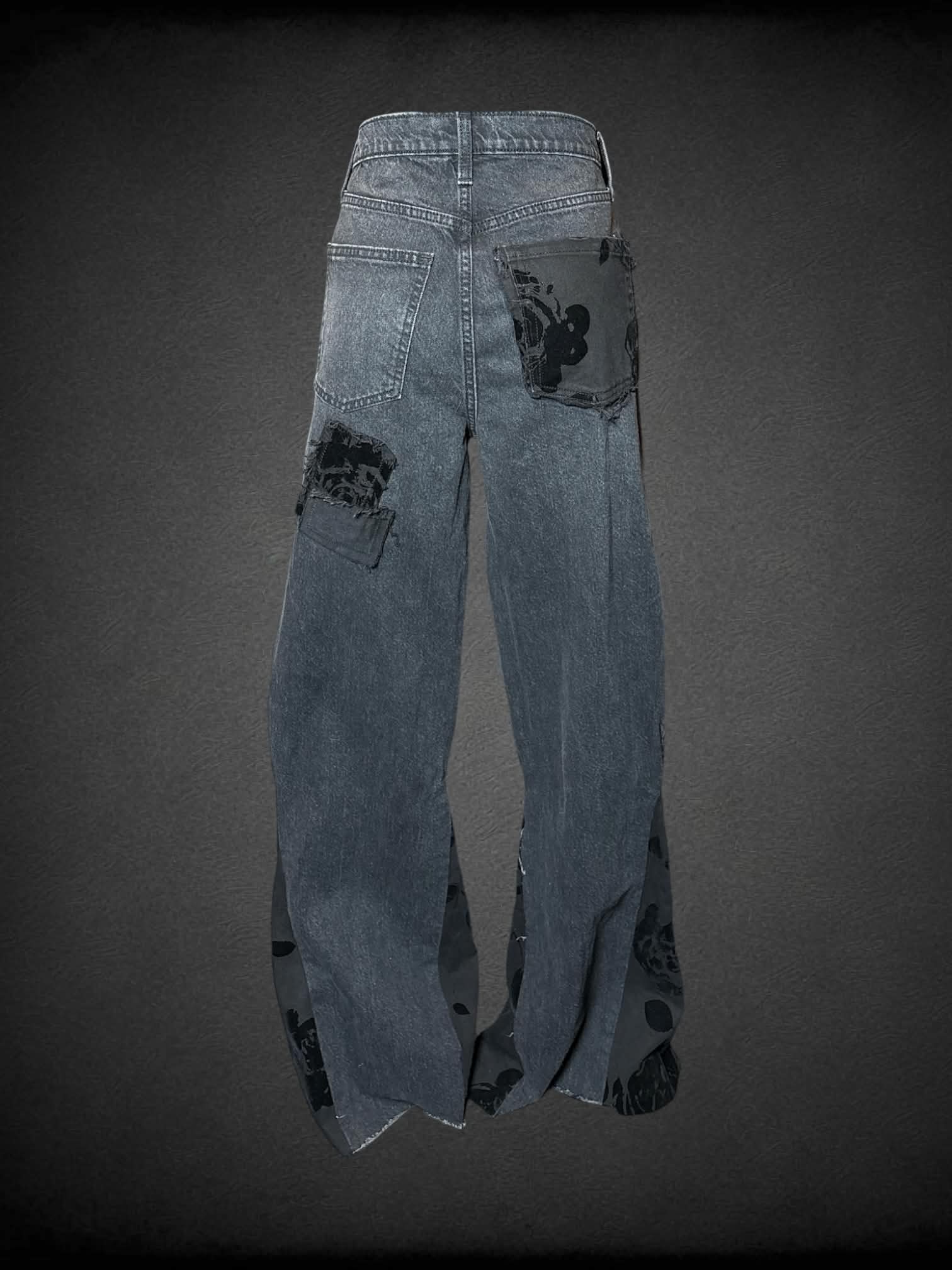 M Universal Thread black high-waisted flare jeans with “velvet-like” rose patch design