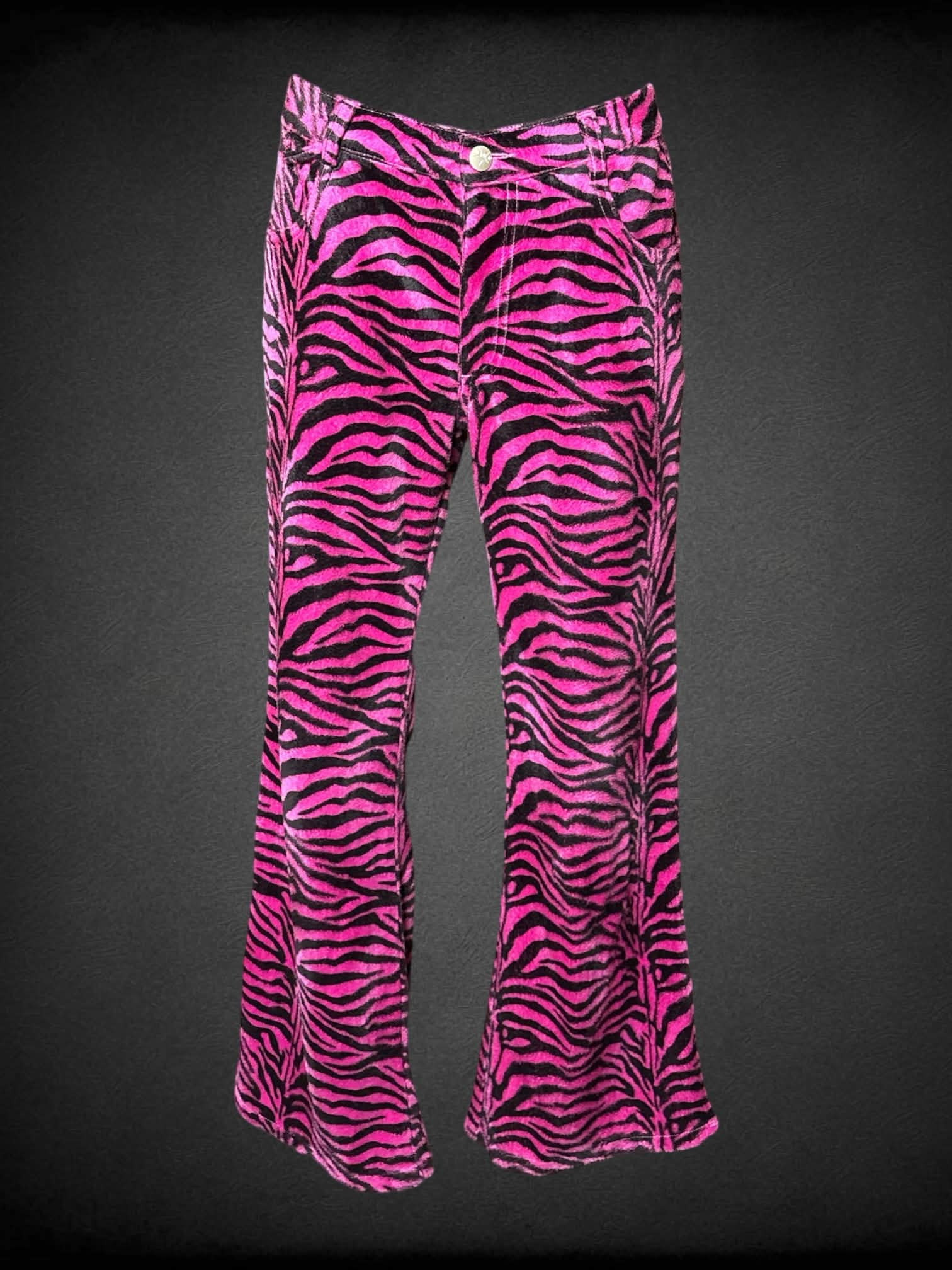 M Tunnel Vision pink fuzzy pants with zebra design, and embroidered stars on back pockets