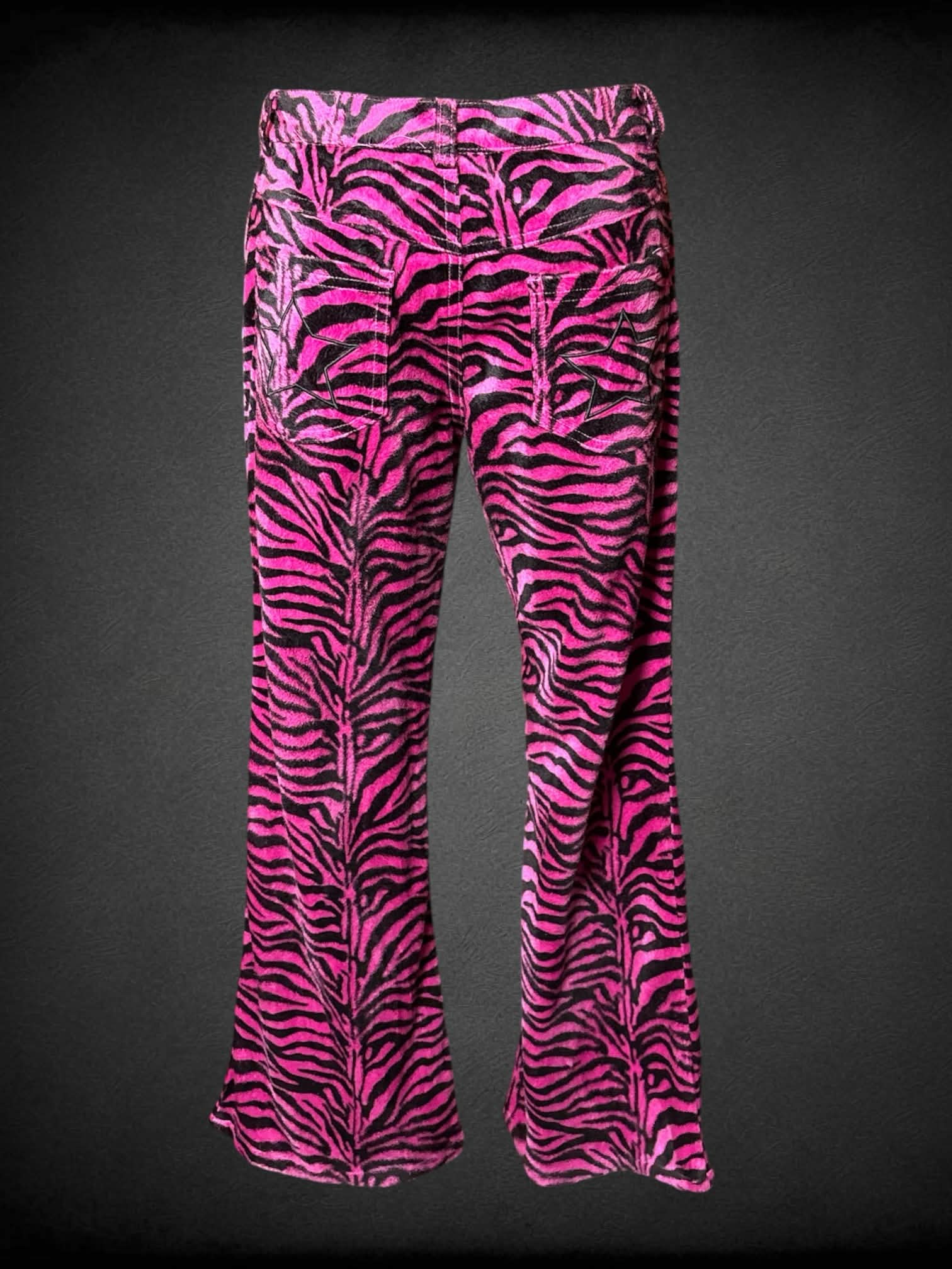 M Tunnel Vision pink fuzzy pants with zebra design, and embroidered stars on back pockets