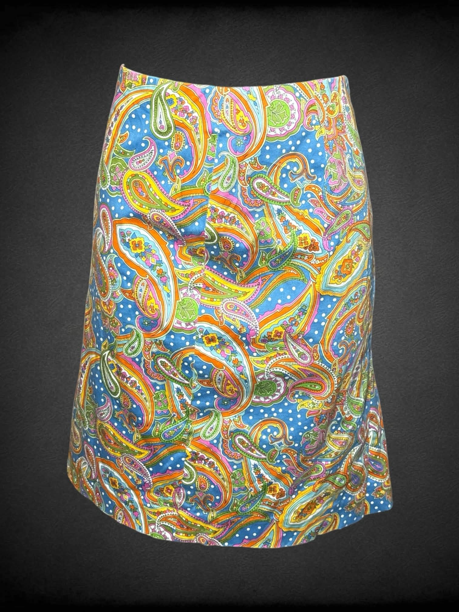 M Jones New York blue pencil skirt with colorful paisley pattern, and zipper on side