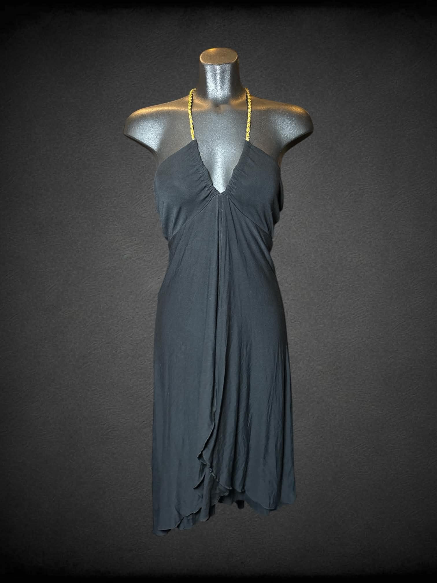 M Sweetees black halter dress with gold rope straps, and asymmetrical layered design