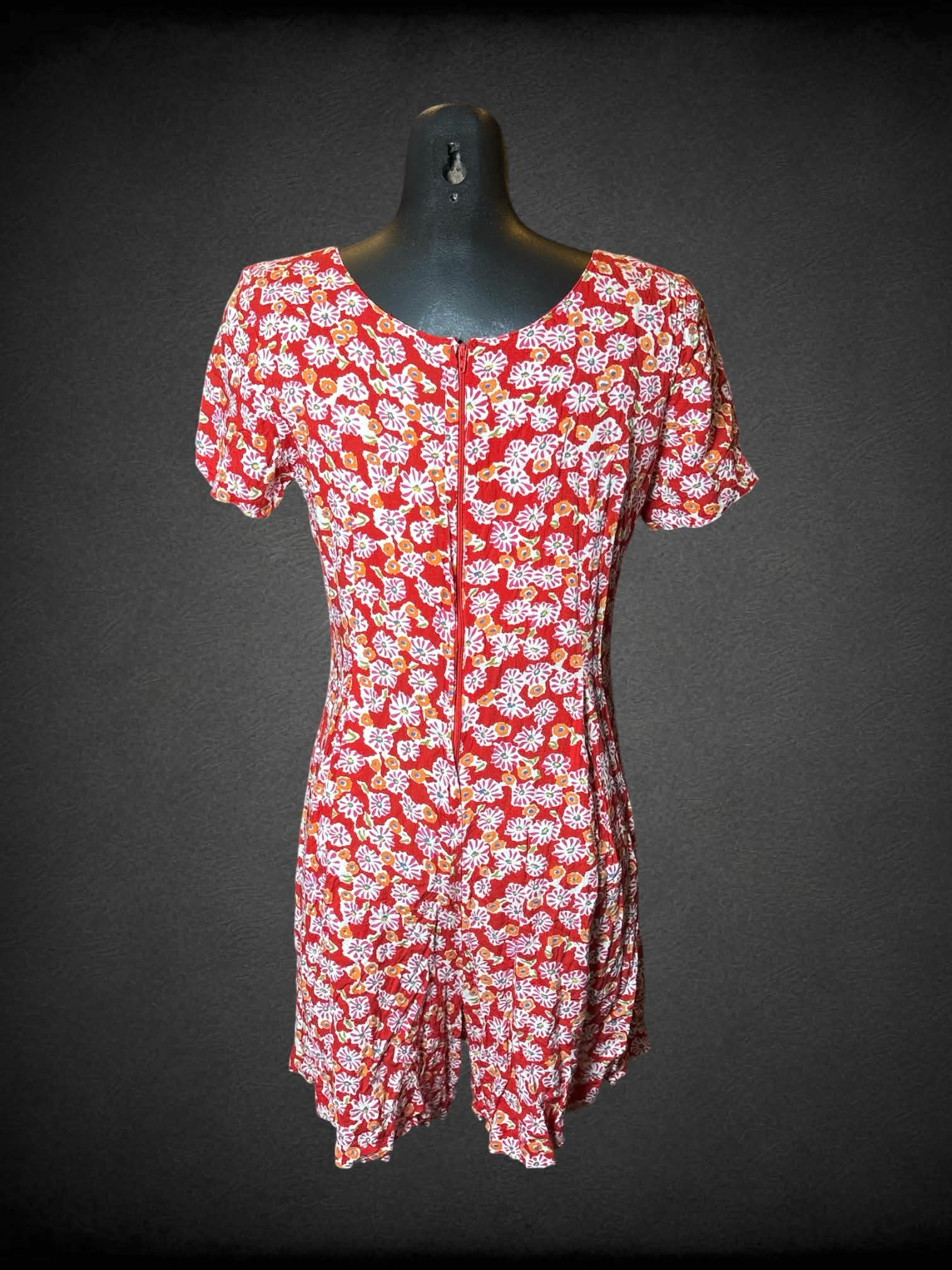M Fads vintage red jumpsuit with flower pattern, and zipper on back