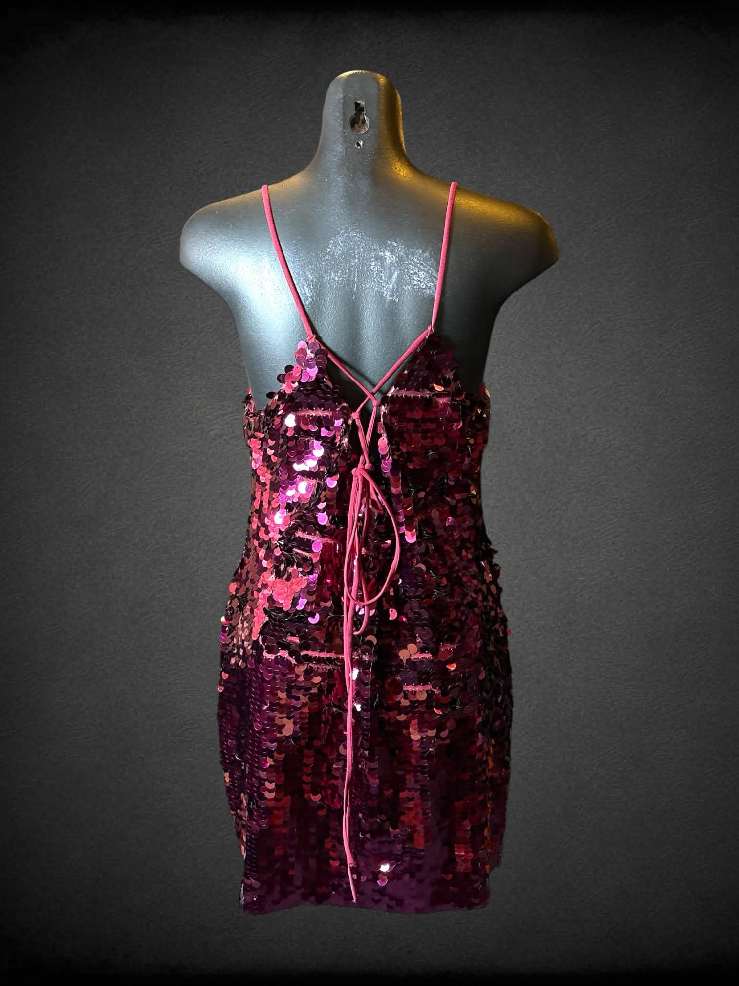 M Intimately maroon sequined short dress with tie straps on back