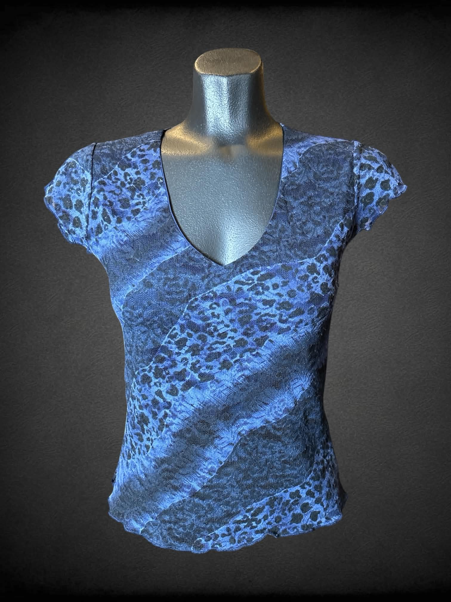 M Rave vintage blue lace top with leopard print design, and sheer lace on back