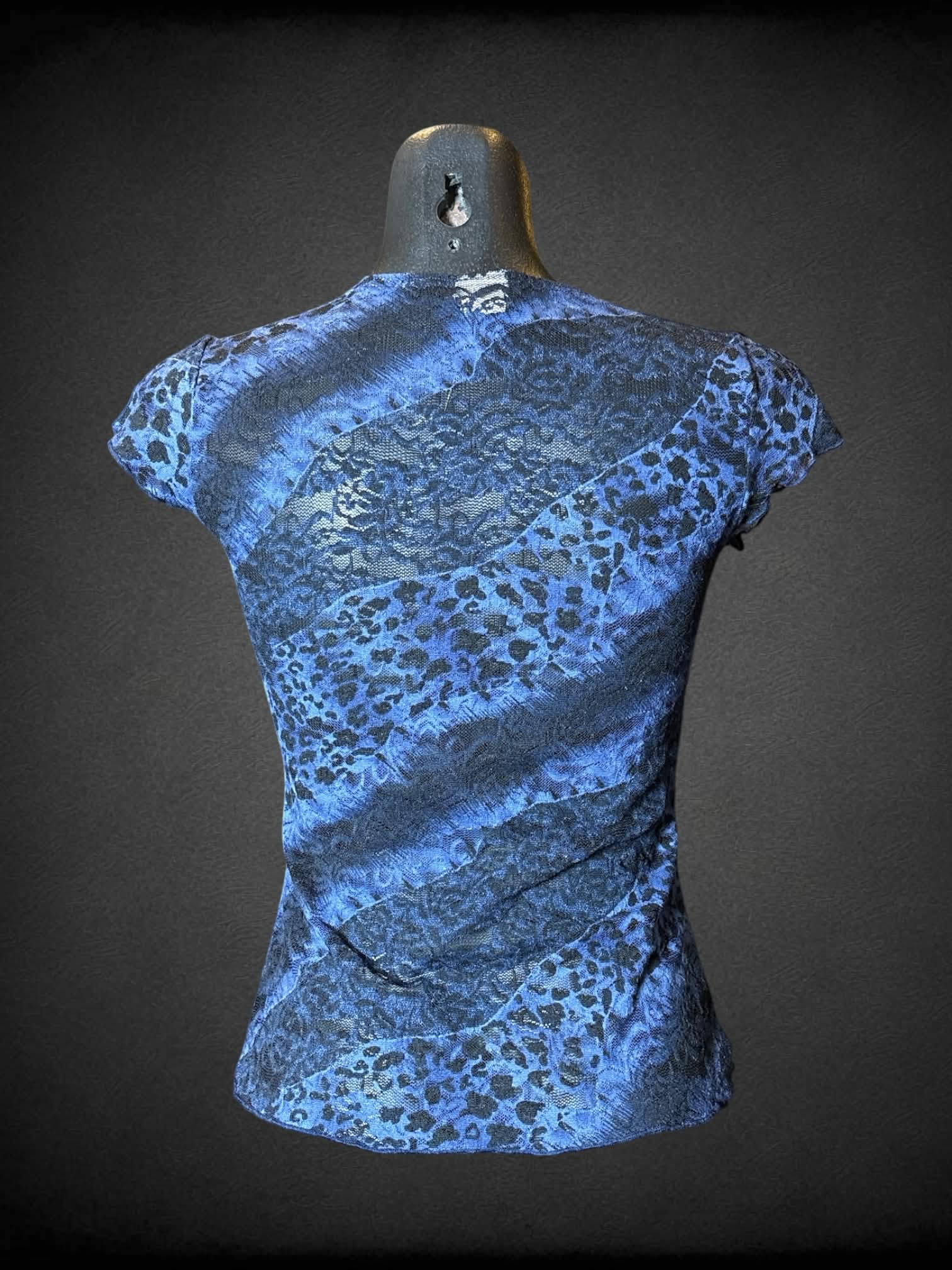 M Rave vintage blue lace top with leopard print design, and sheer lace on back