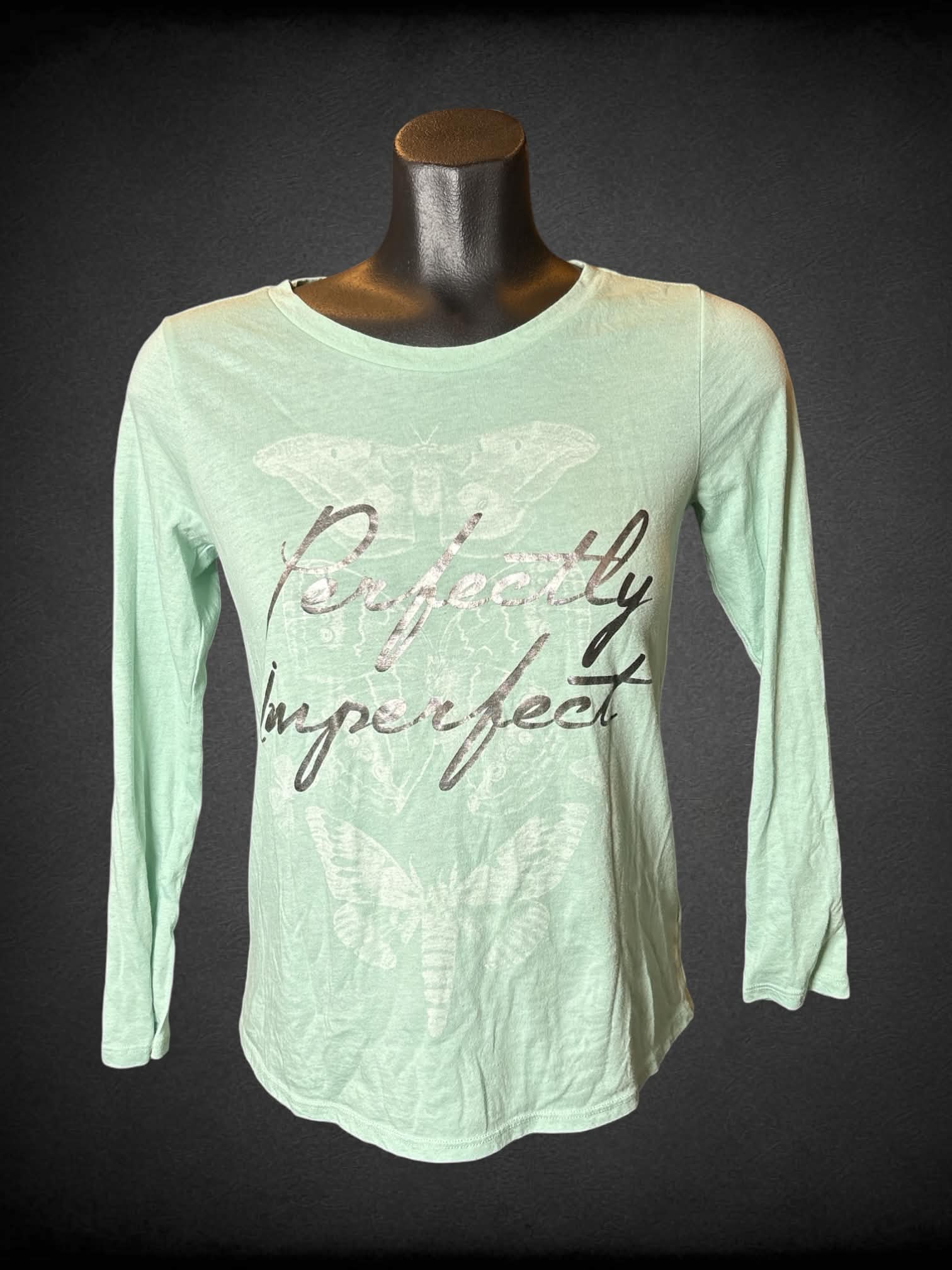 S Old Navy mint green long-sleeve shirt with butterfly design, and “Perfectly Imperfect” cursive script on front