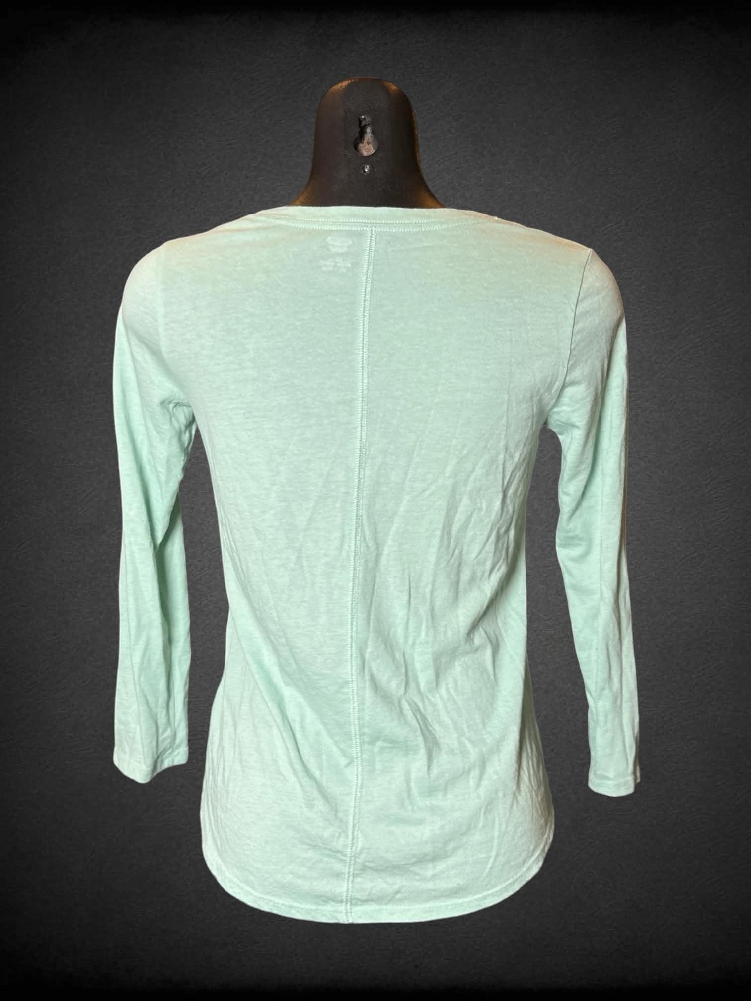 S Old Navy mint green long-sleeve shirt with butterfly design, and “Perfectly Imperfect” cursive script on front